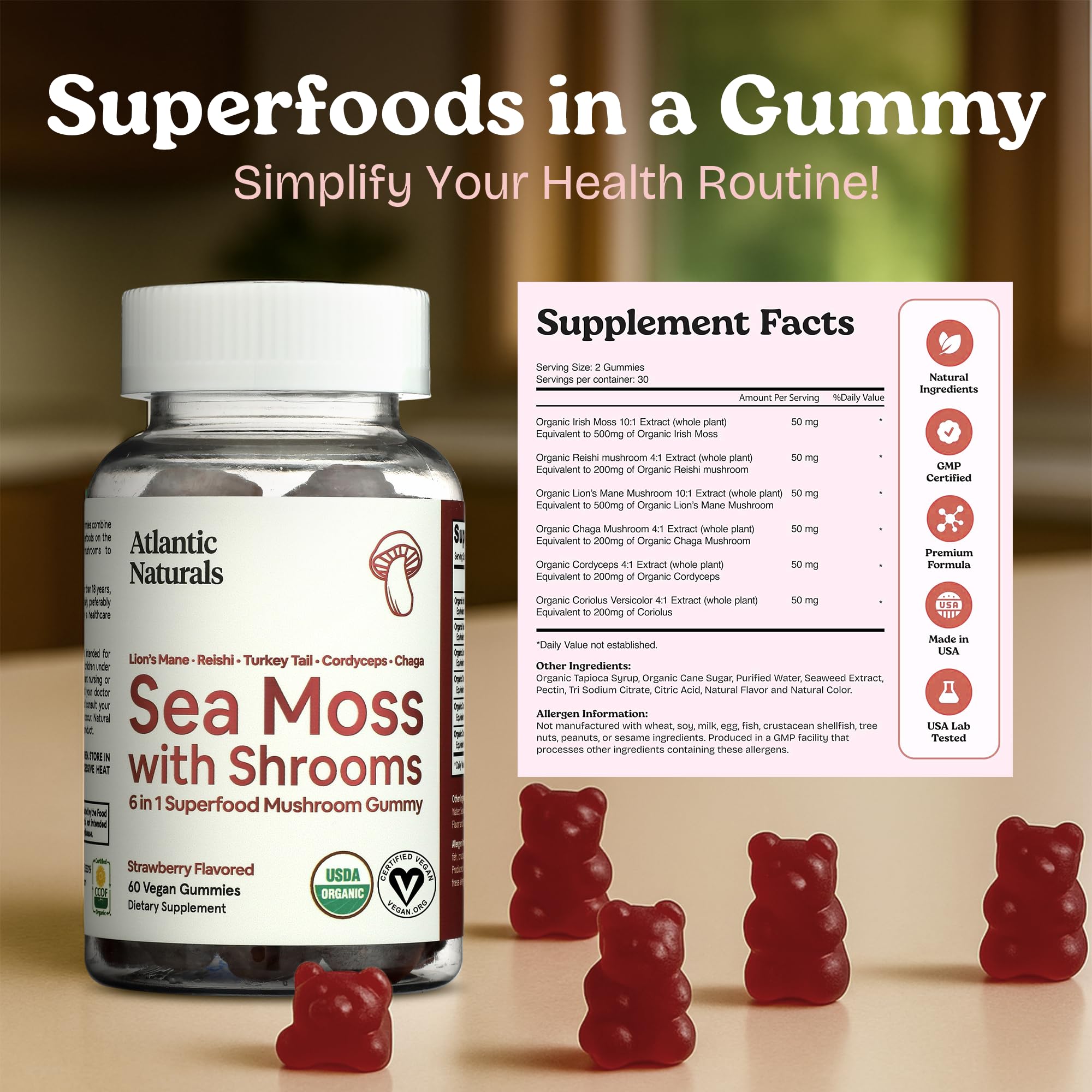 Sea Moss Gummies with Lions Mane Mushroom – 60 Count | 6-in-1 Sea Moss & Mushroom Complex