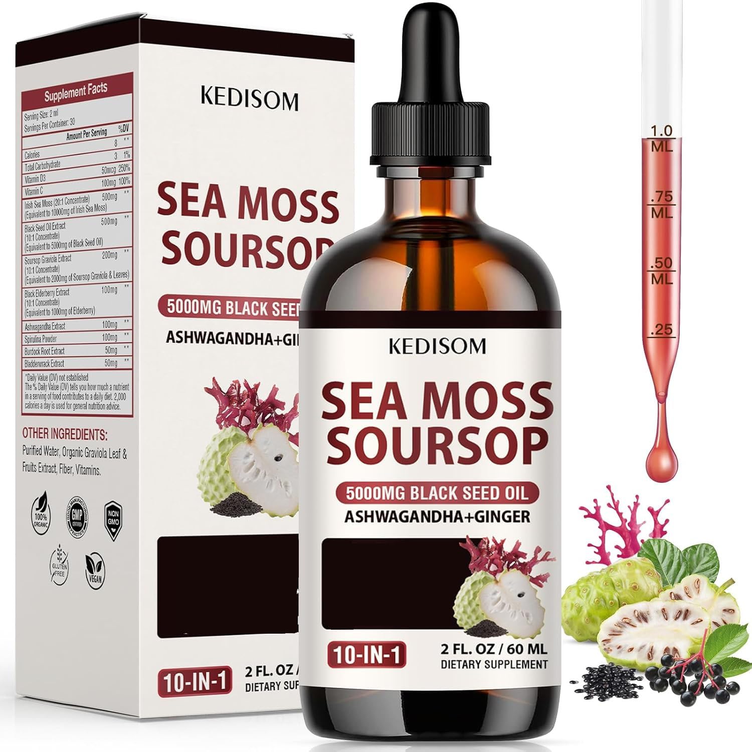 Sea Moss Liquid Drops 2 Oz – Organic Black Seed Oil + Irish Sea Moss Gel (Vegan) – 6X Stronger