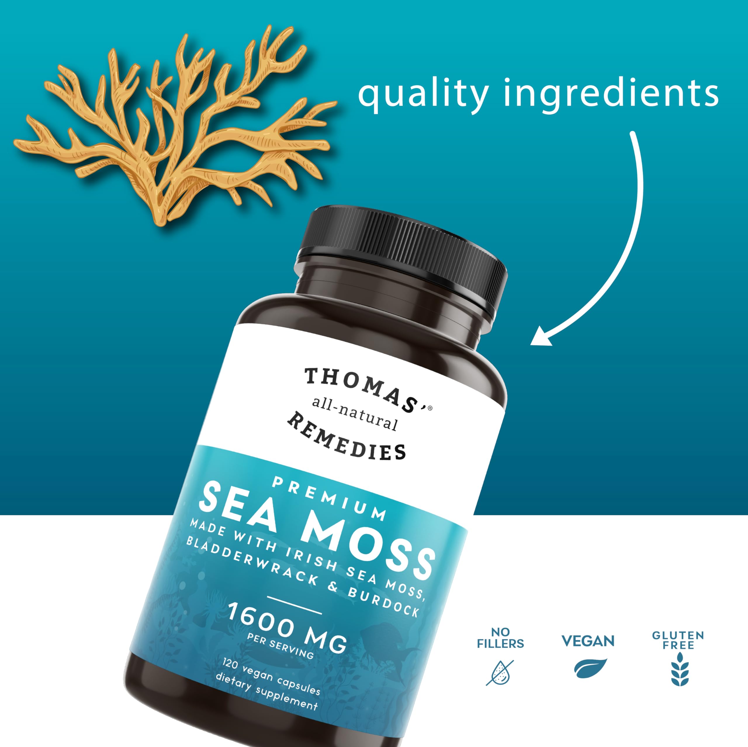 Thomas' All-Natural Irish Sea Moss Capsules with Bladderwrack & Burdock Root – Organic Sea Moss Pills (120)