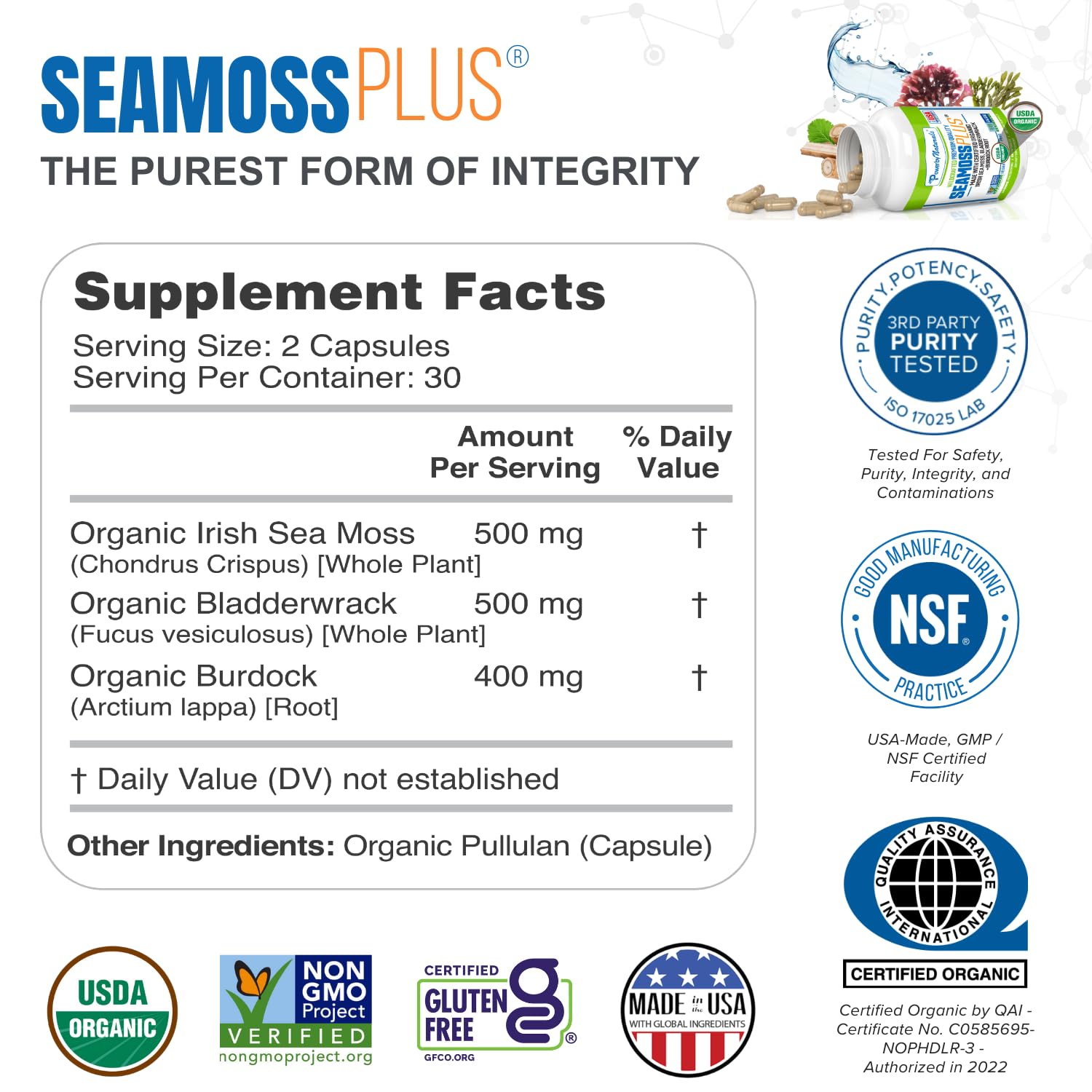 Power By Naturals Sea Moss Plus – Organic Irish Sea Moss with Bladderwrack & Burdock Root, 60 Capsules, 2 Pack