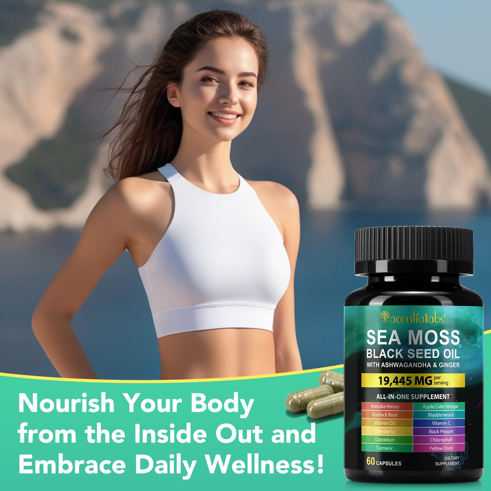 Sea Moss Black Seed Oil Ashwagandha Turmeric Capsules - Immunity & Energy Support, 60 Count