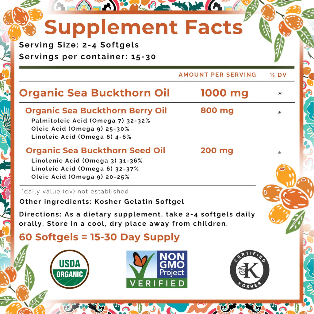 SEABUCKWONDERS Organic Sea Buckthorn Oil Softgels 1000mg – Omega 7, 3, 6 & 9 | Hair, Skin & Nails