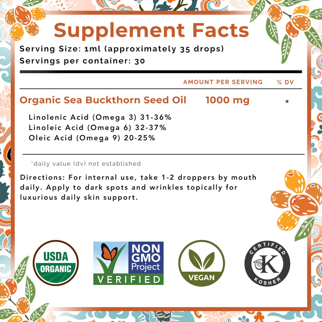 SeabuckWonders Sea Buckthorn Seed Oil – 100% Certified Organic – 1 FL OZ