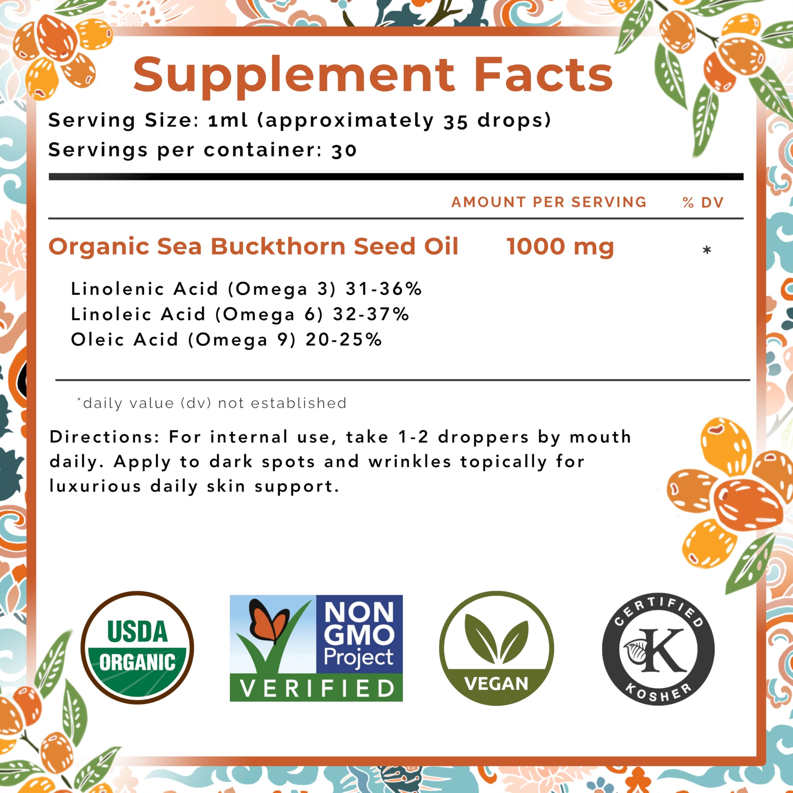 SeabuckWonders Sea Buckthorn Seed Oil – 100% Certified Organic – 1 FL OZ