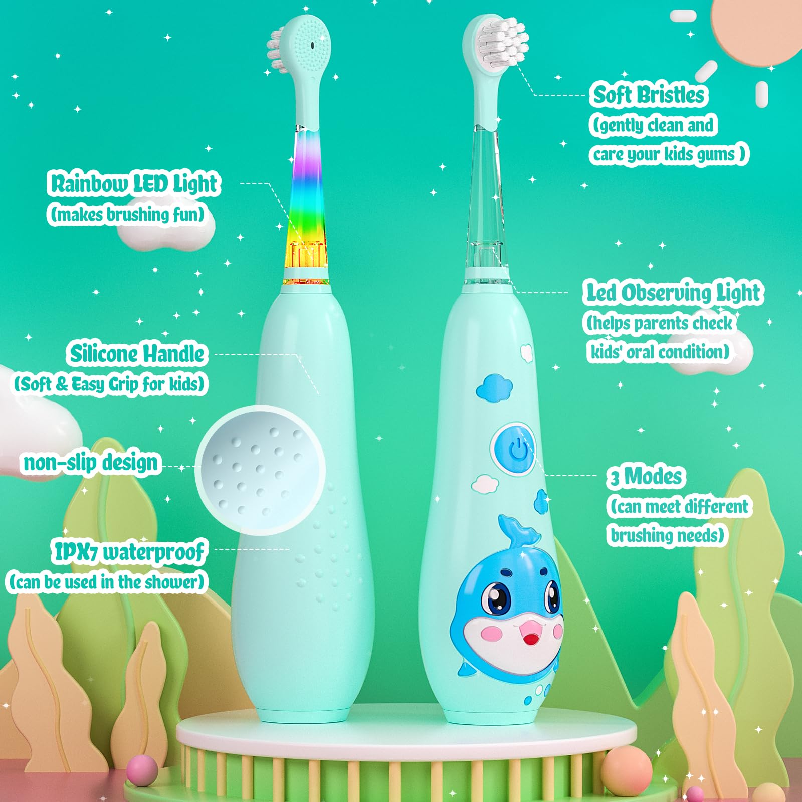 SEAGO Kids Electric Toothbrushes – Rechargeable Toddler Toothbrush (2-6), Magnetic Charging, LED Light, 8 Heads, Blue