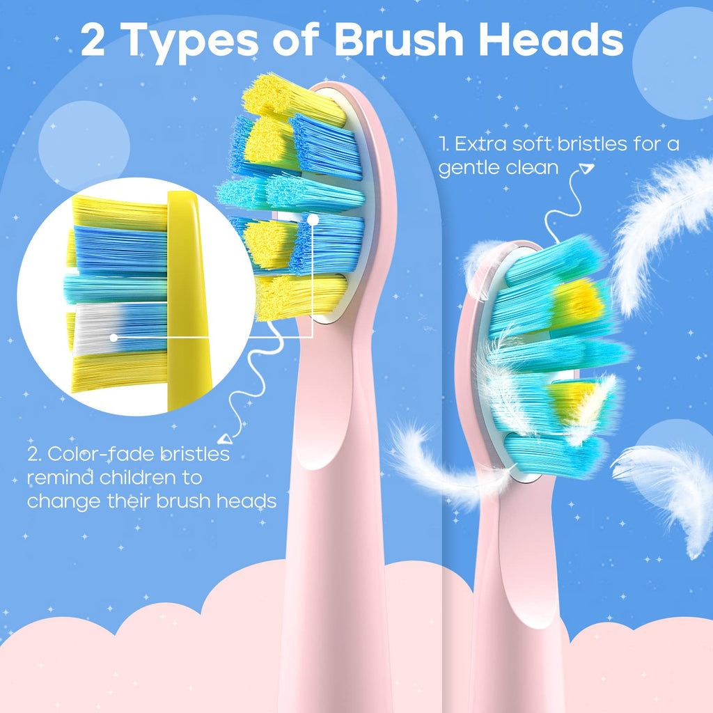 SEAGO Kids Electric Toothbrush - 5 Modes, DIY Stickers, 4 Heads (Ages 3-12) Pink