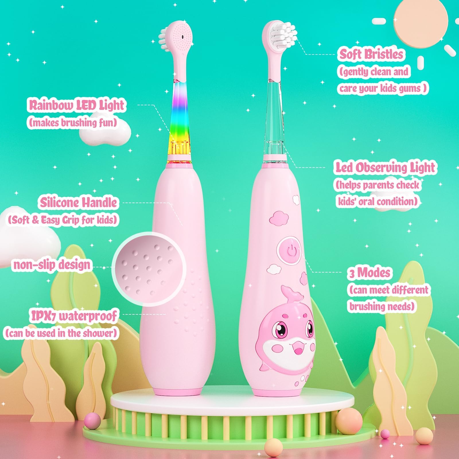 SEAGO Kids Electric Toothbrush Pink – Rechargeable Toddler Toothbrush with Magnetic Charging, LED Light, 8 Heads (Ages 2-6)