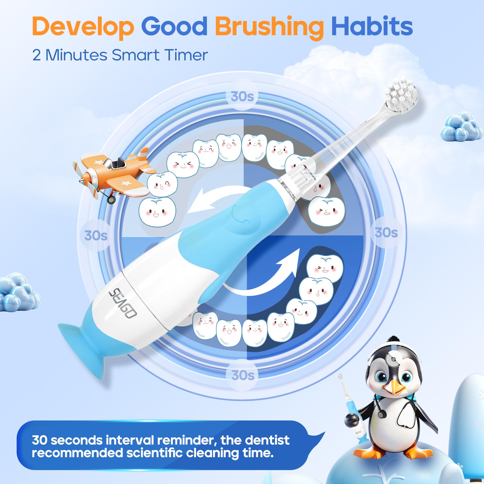 SEAGO SG-513 Toddler Electric Toothbrush 0-3 Years, Blue-C, 4 Heads