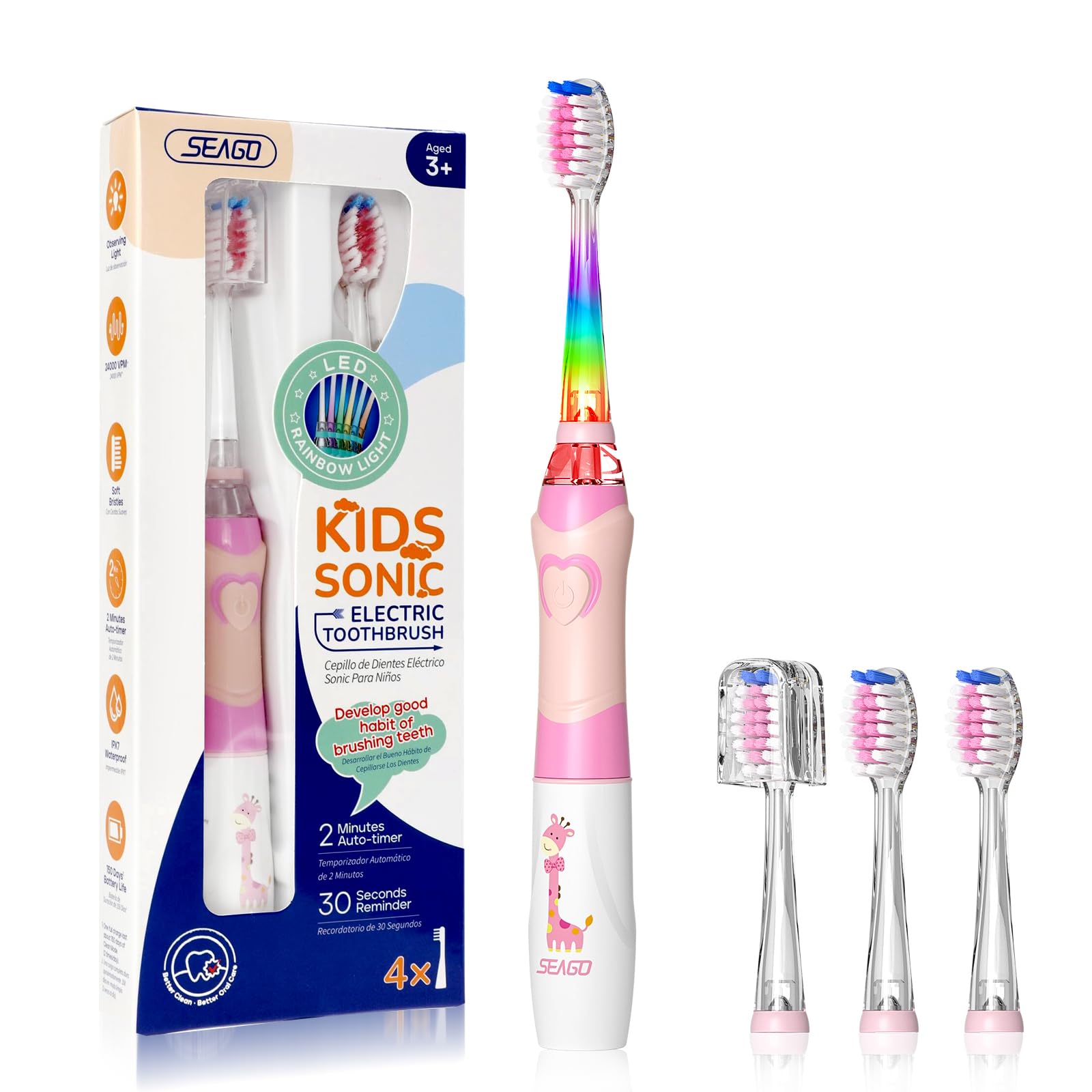 SEAGO SG-977 Kids Electric Toothbrush – 2-Min Timer, 4 Replacement Heads, Pink