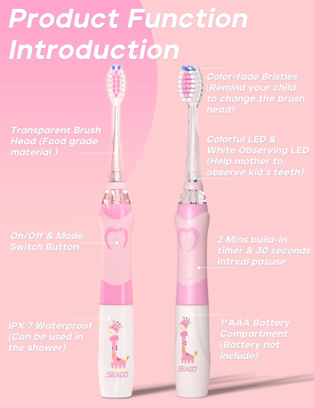 SEAGO SG-977 Kids Electric Toothbrush – 2-Min Timer, 4 Replacement Heads, Pink