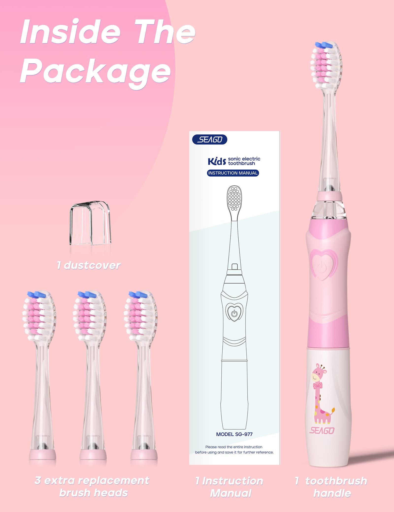 SEAGO SG-977 Kids Electric Toothbrush – 2-Min Timer, 4 Replacement Heads, Pink