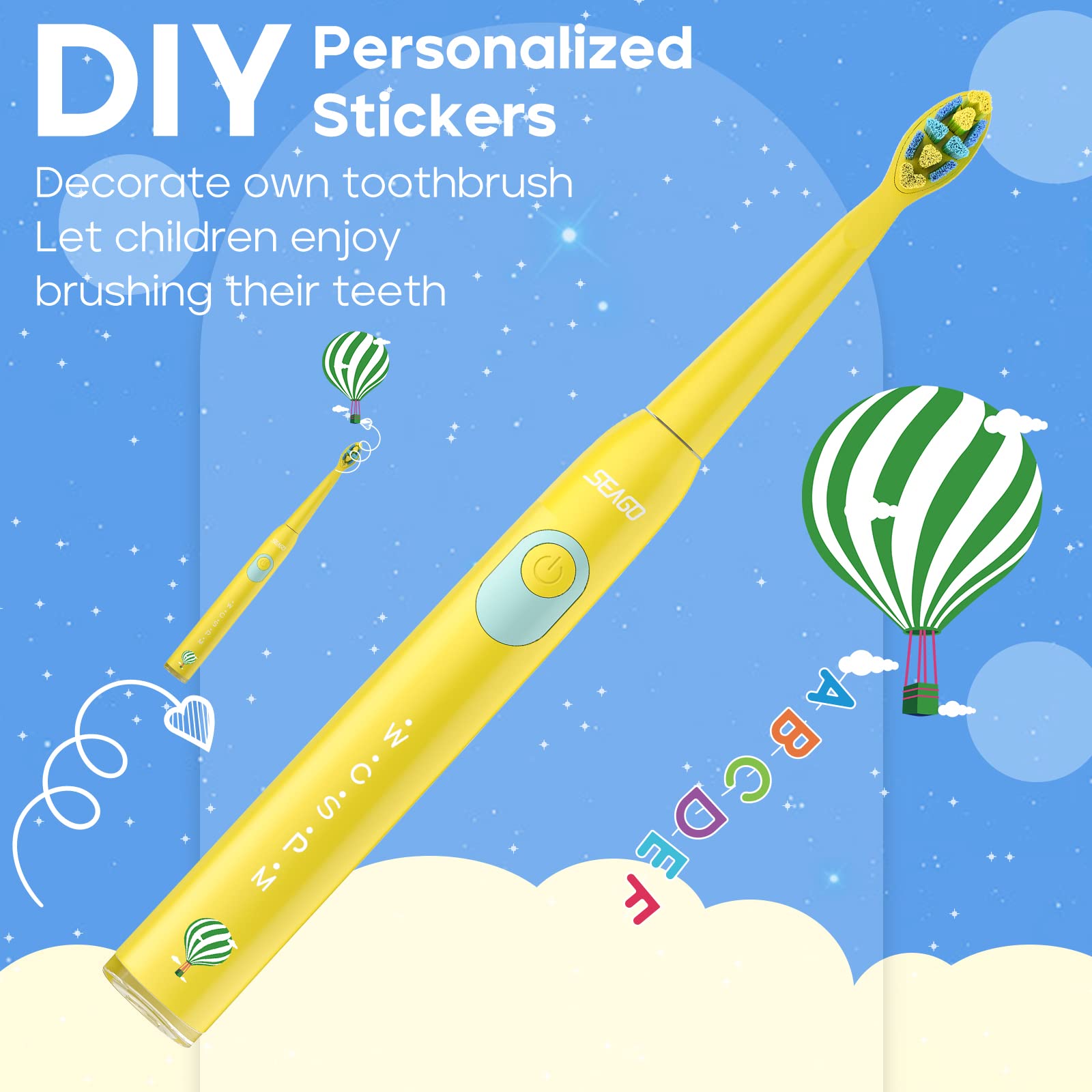 SEAGO Kids Electric Toothbrush - 5 Modes, DIY Stickers, 4 Heads, Ages 3-12, Yellow