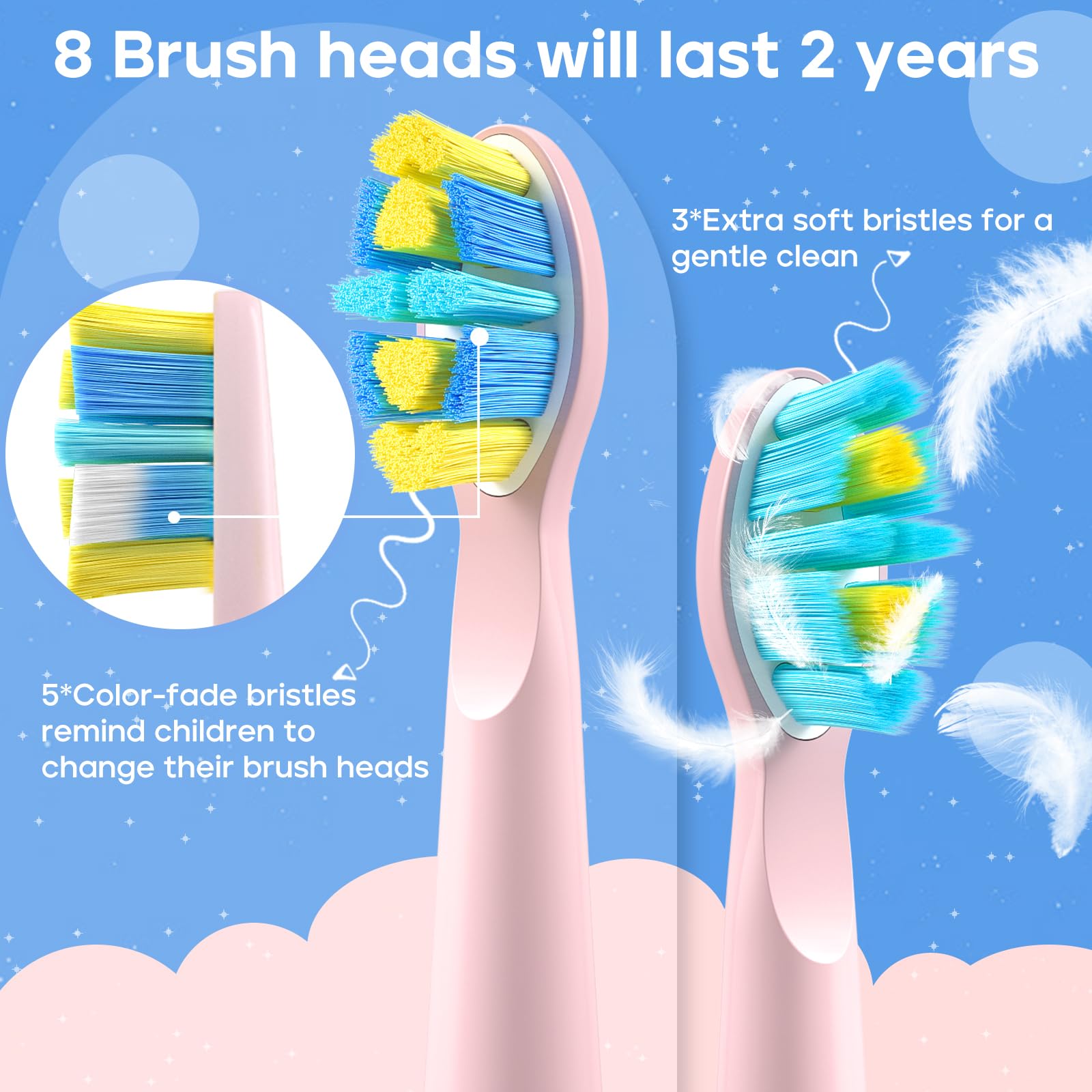SEAGO Kids Electric Toothbrush SG2303 Pink – 5 Modes, 8 Heads, Ages 3–12