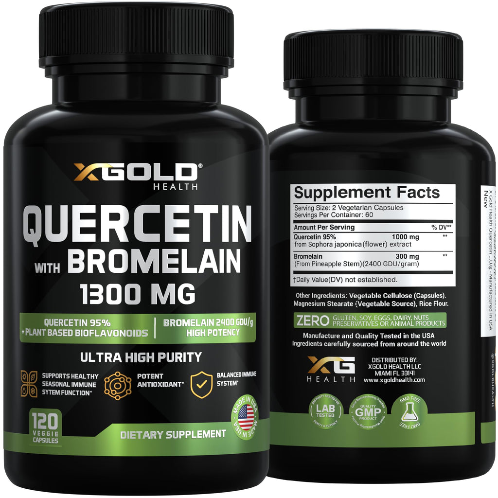 Quercetin + Bromelain 1300mg – 95% Quercetin, 2400 GDU/g Bromelain | Made in USA | 120 Caps