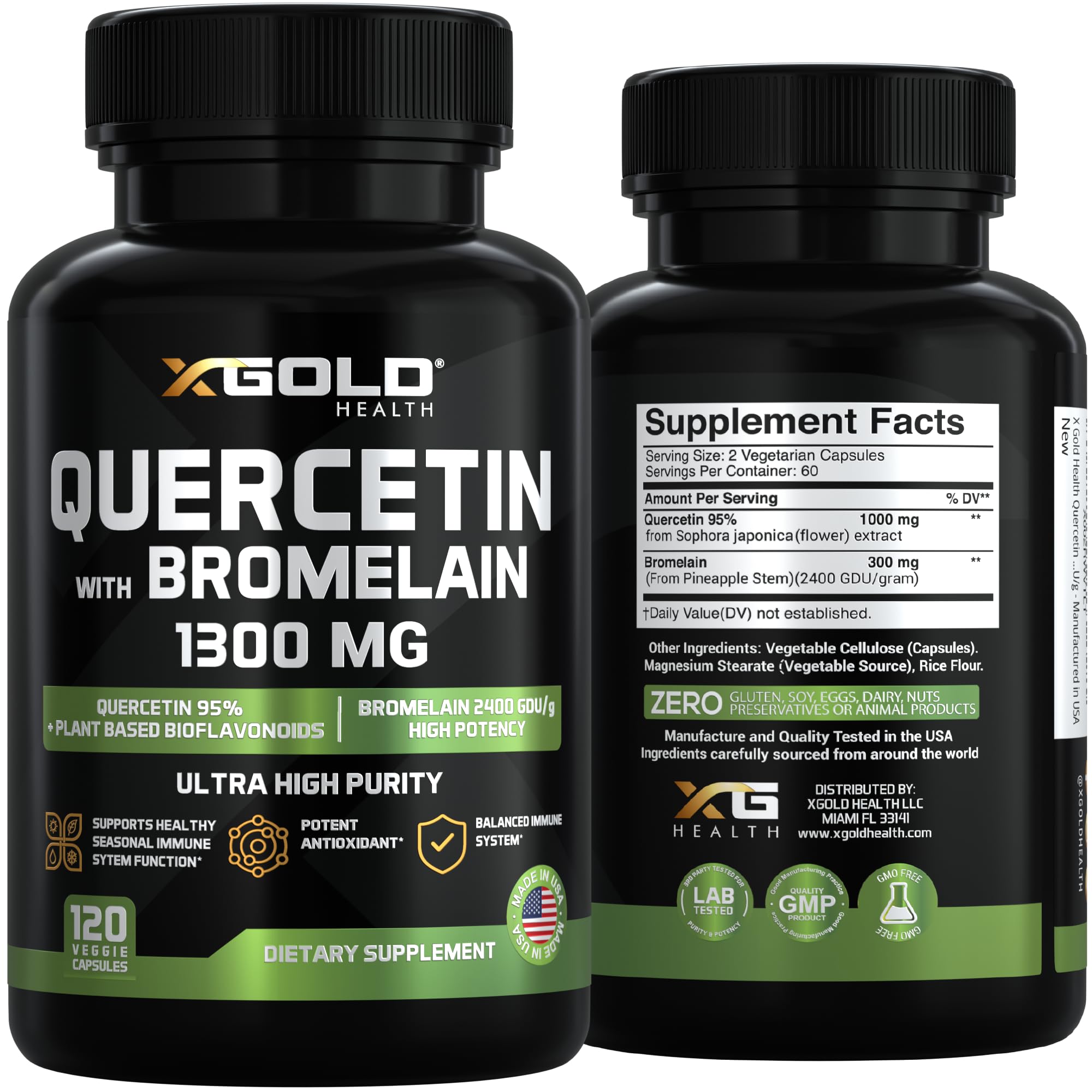 Quercetin + Bromelain 1300mg – 95% Quercetin, 2400 GDU/g Bromelain | Made in USA | 120 Caps