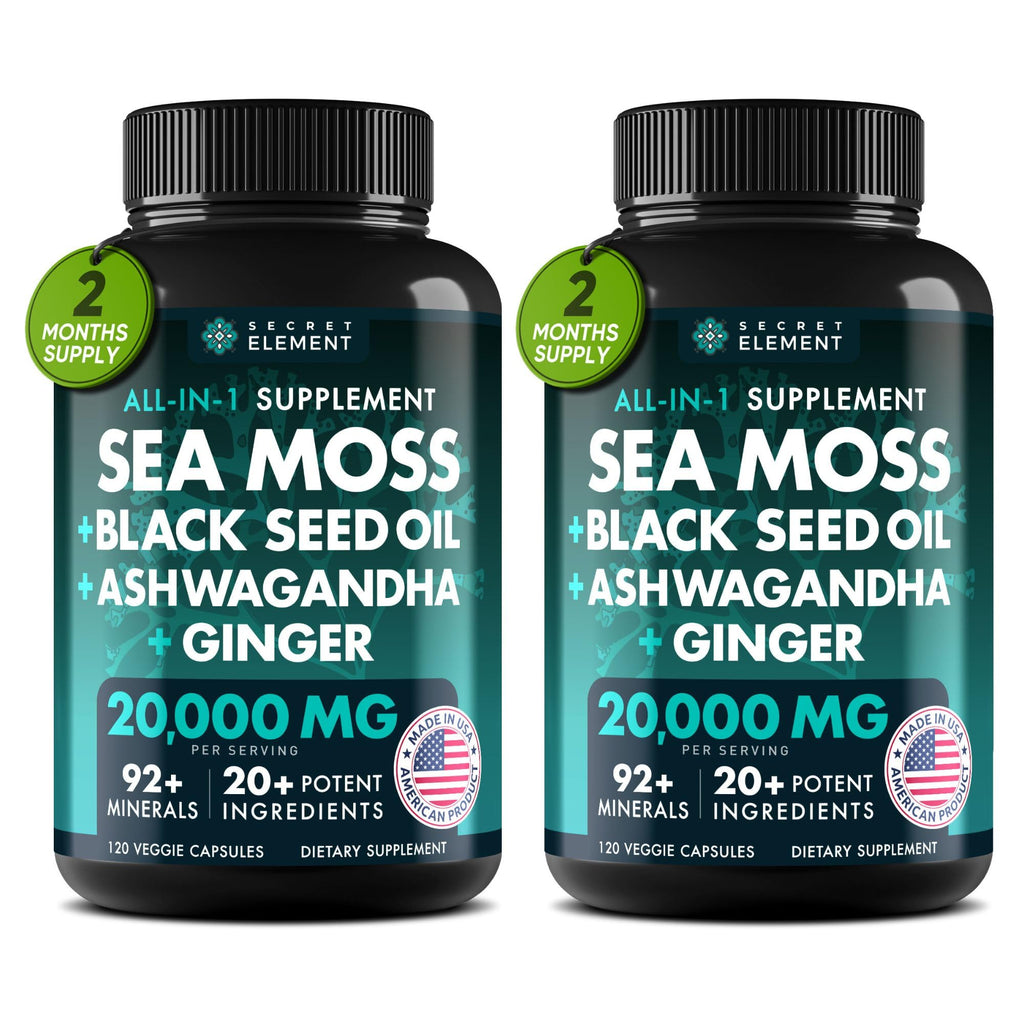 Secret Element Irish Sea Moss & Black Seed Oil Ashwagandha Ginger – All-in-One 20,000mg Capsules, 120 Count (Pack of 2)