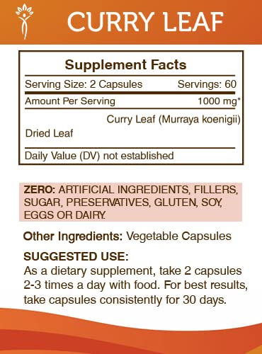 Secrets of the Tribe Curry Leaf 120 Capsules – 1000 mg, Dried Leaf (Murraya koenigii)