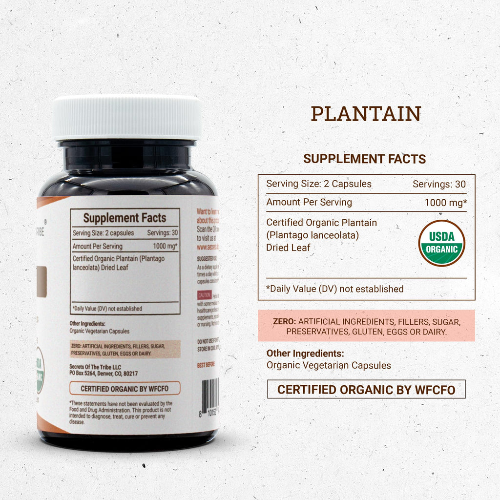 Secrets of Tribe Plantain Capsules | USDA Organic Plantago lanceolata