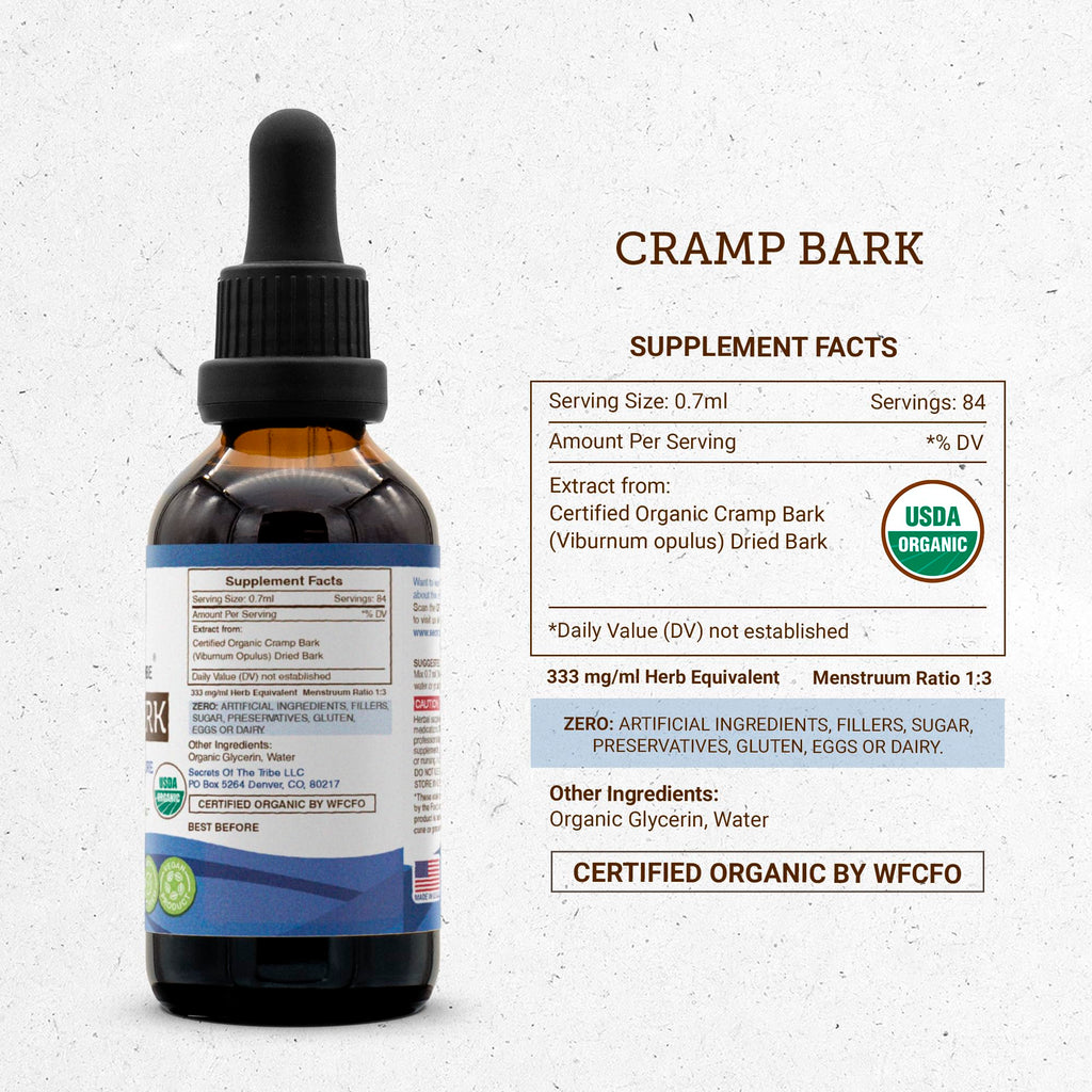 Secrets of the Tribe Cramp Bark USDA Organic | Alcohol-Free Extract, High-Potency Herbal Drops | Made from 100% Certified Organic Cramp Bark (Viburnum Opulus) Dried Bark 2 OZ