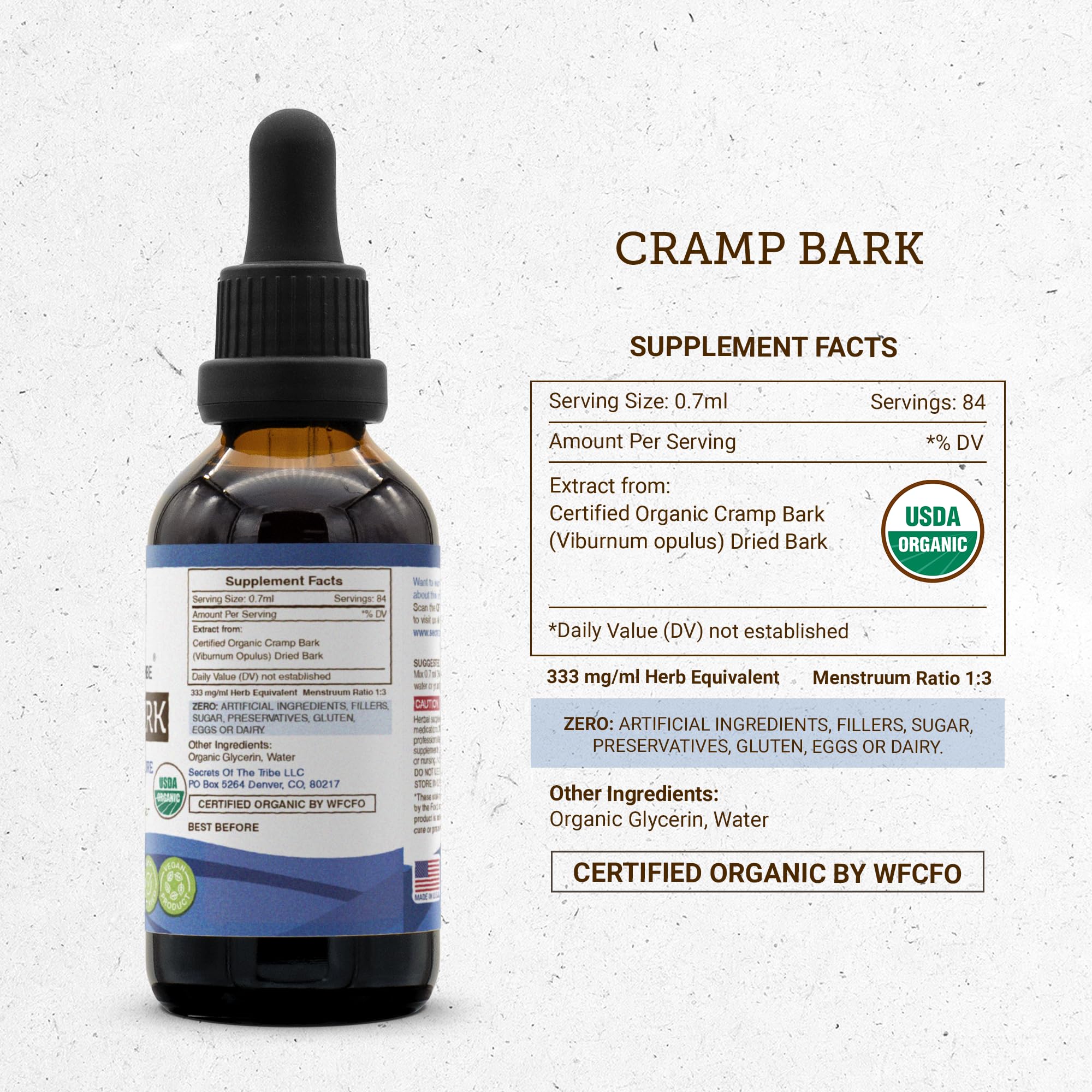 Secrets of the Tribe Cramp Bark USDA Organic | Alcohol-Free Extract, High-Potency Herbal Drops | Made from 100% Certified Organic Cramp Bark (Viburnum Opulus) Dried Bark 2 OZ