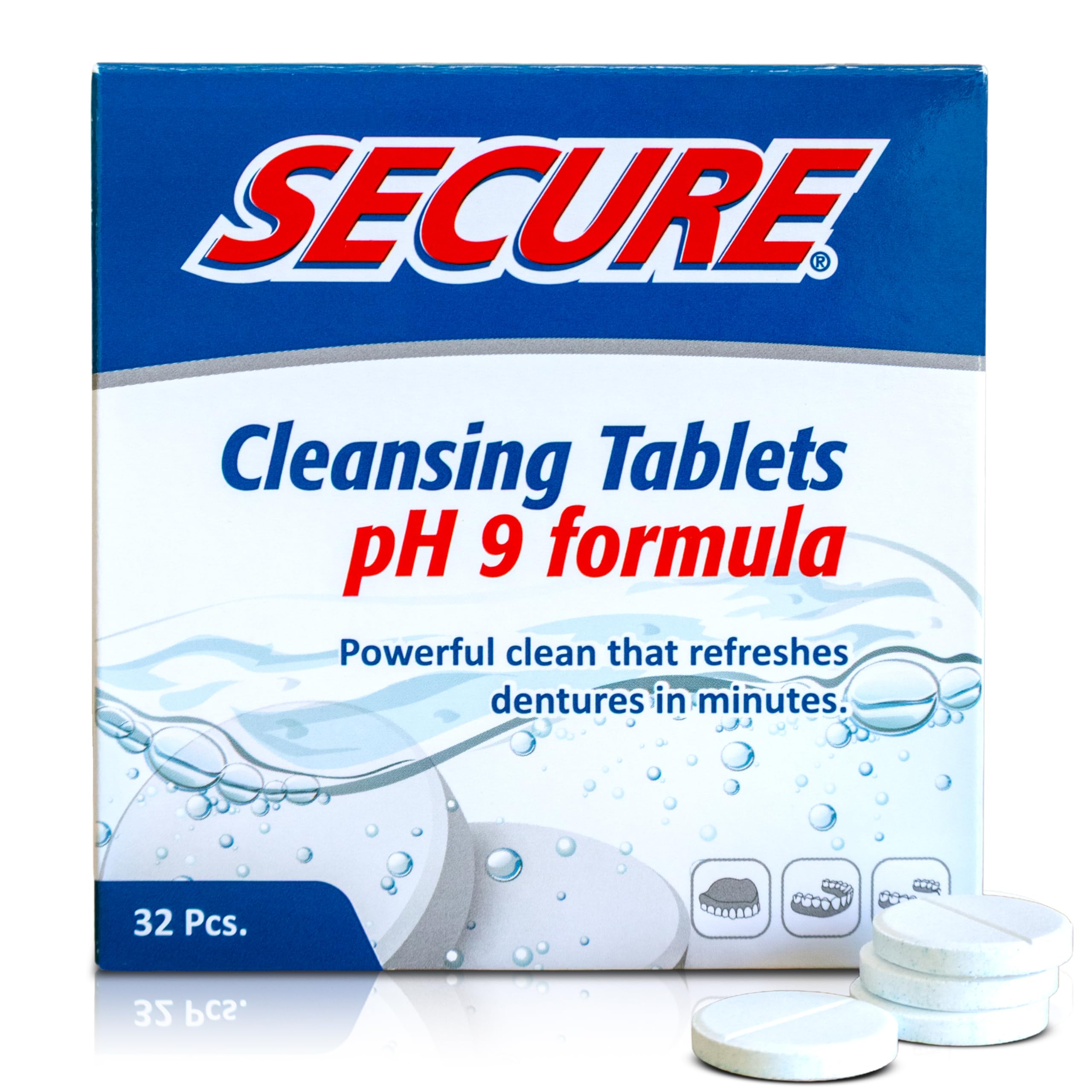 Secure Daily Cleansing Tablets – pH 9 Denture Cleaners | 32 Tablets (1 Pack) For Dentures, Retainers & Night Guards