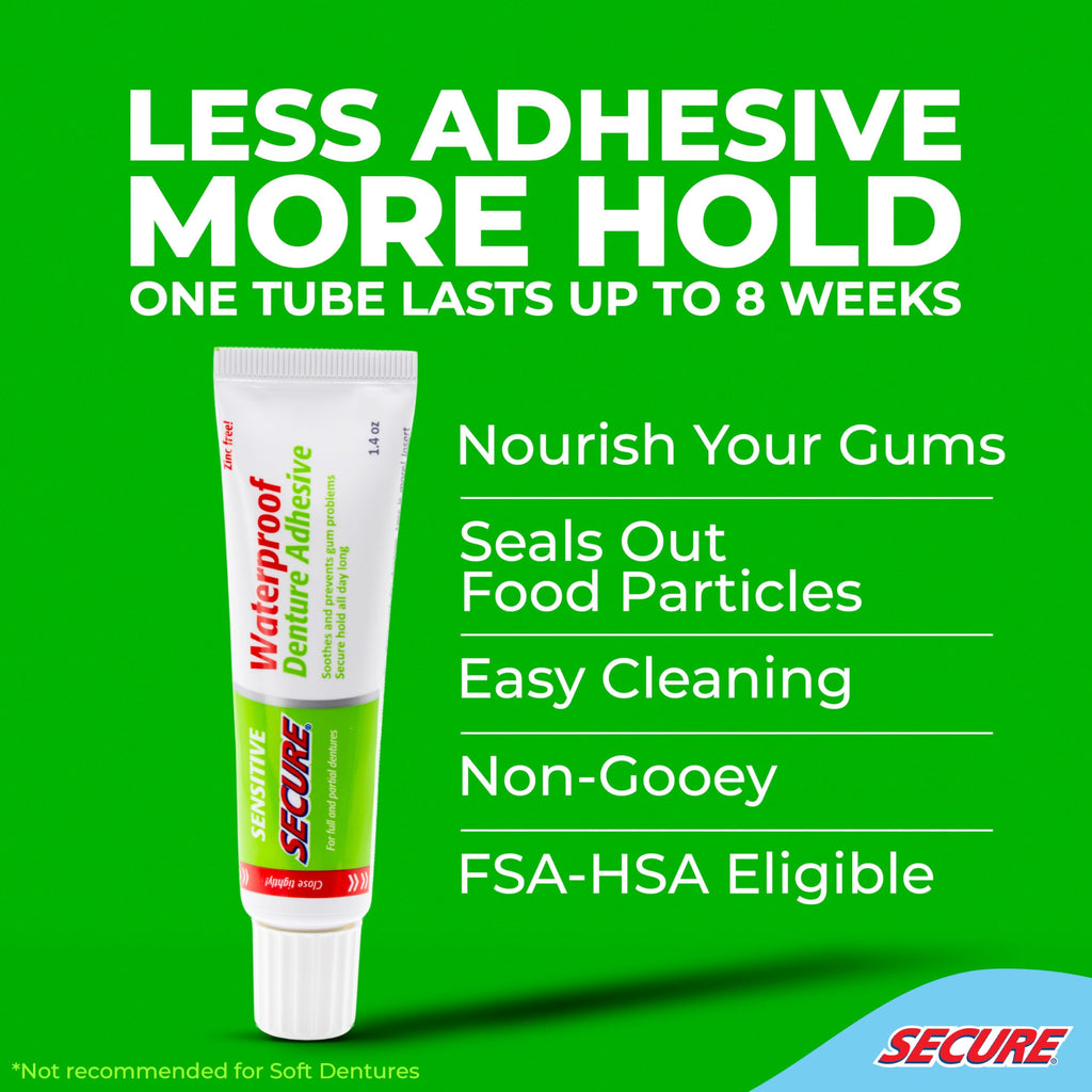Secure Sensitive Denture Adhesive – 12-Hour Hold – Waterproof – Zinc-Free (3 Pack)