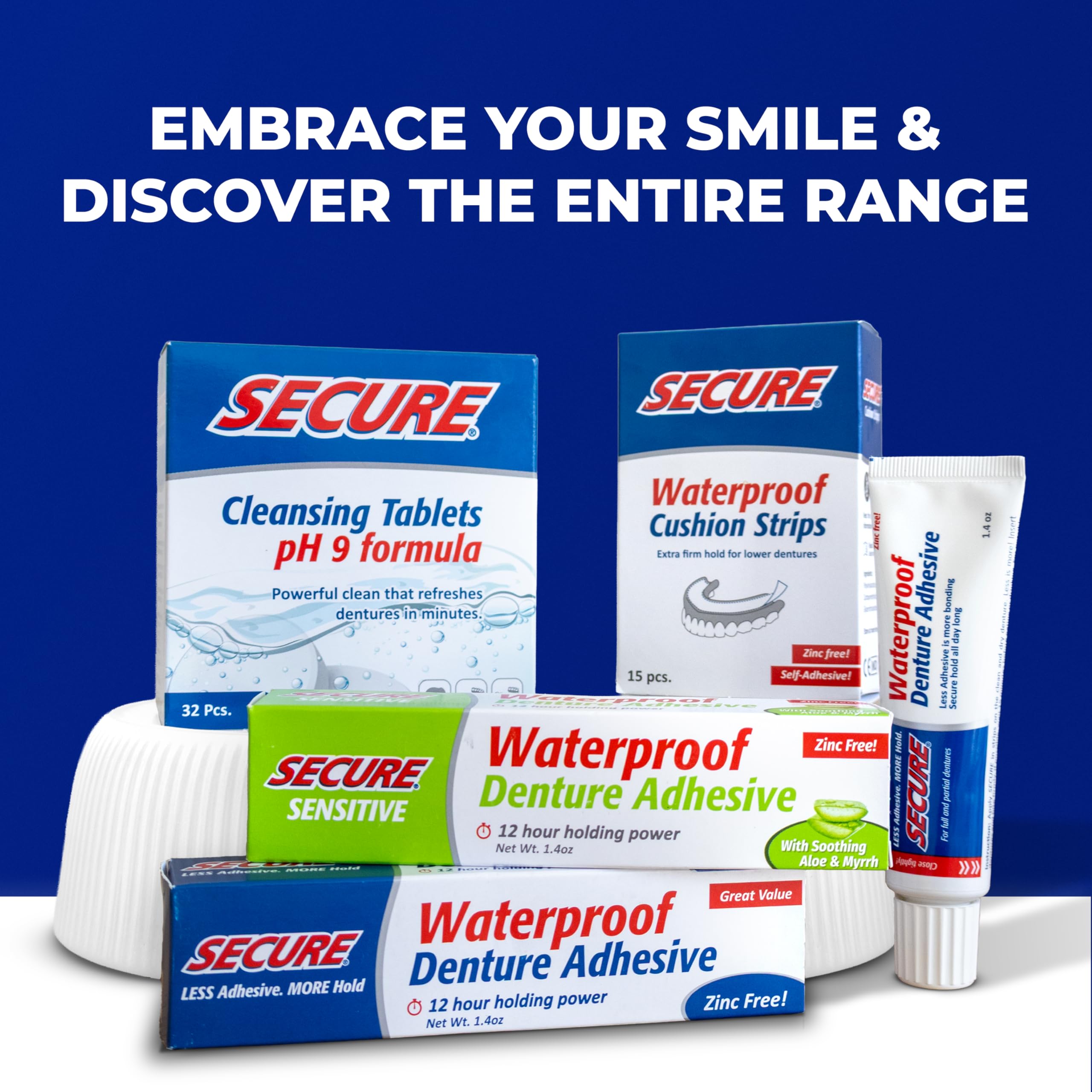 Secure Sensitive Gums Waterproof Denture Adhesive – Zinc Free with Aloe Vera & Myrrh | Extra Strong 12 Hour Hold | 1.4 oz Pack of 4