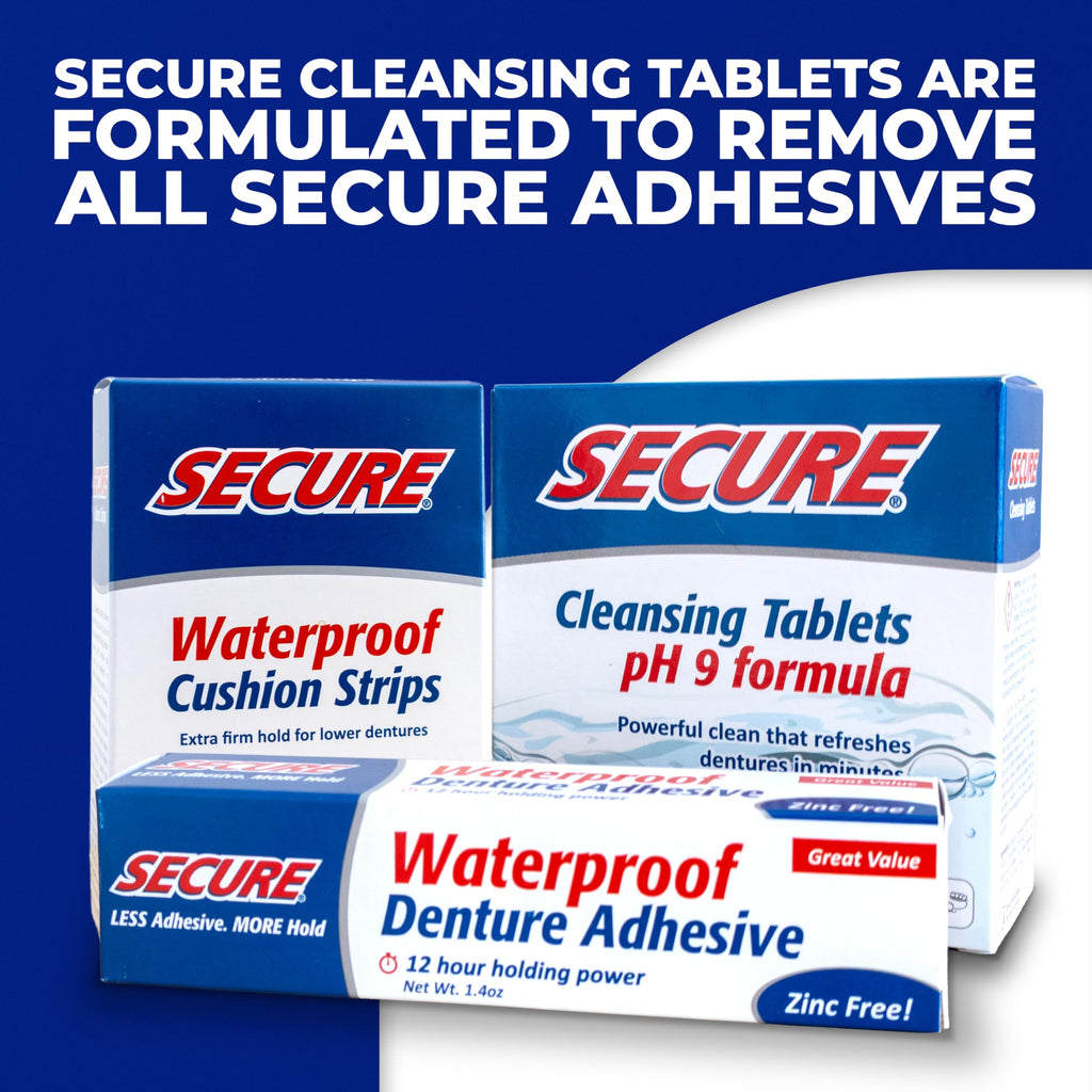 Secure Waterproof Denture Adhesive - Zinc Free - Extra Strong 12 Hour Hold - 1.4 oz (Pack of 4)