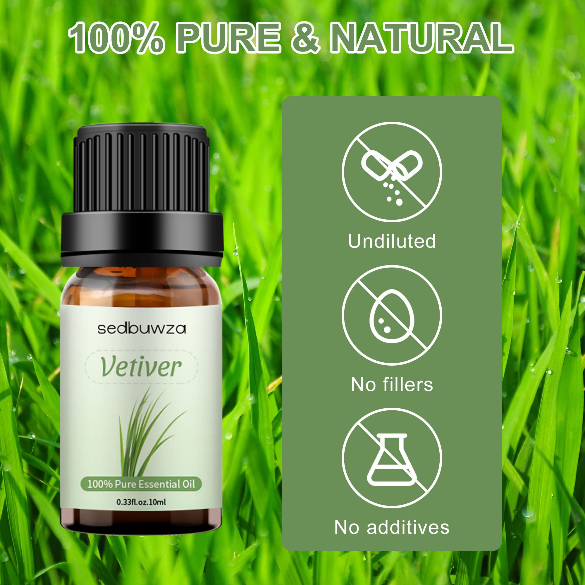 Sedbuwza Vetiver Essential Oil - Pure Organic Fragrance Oil for Diffusers, Soap & Candles