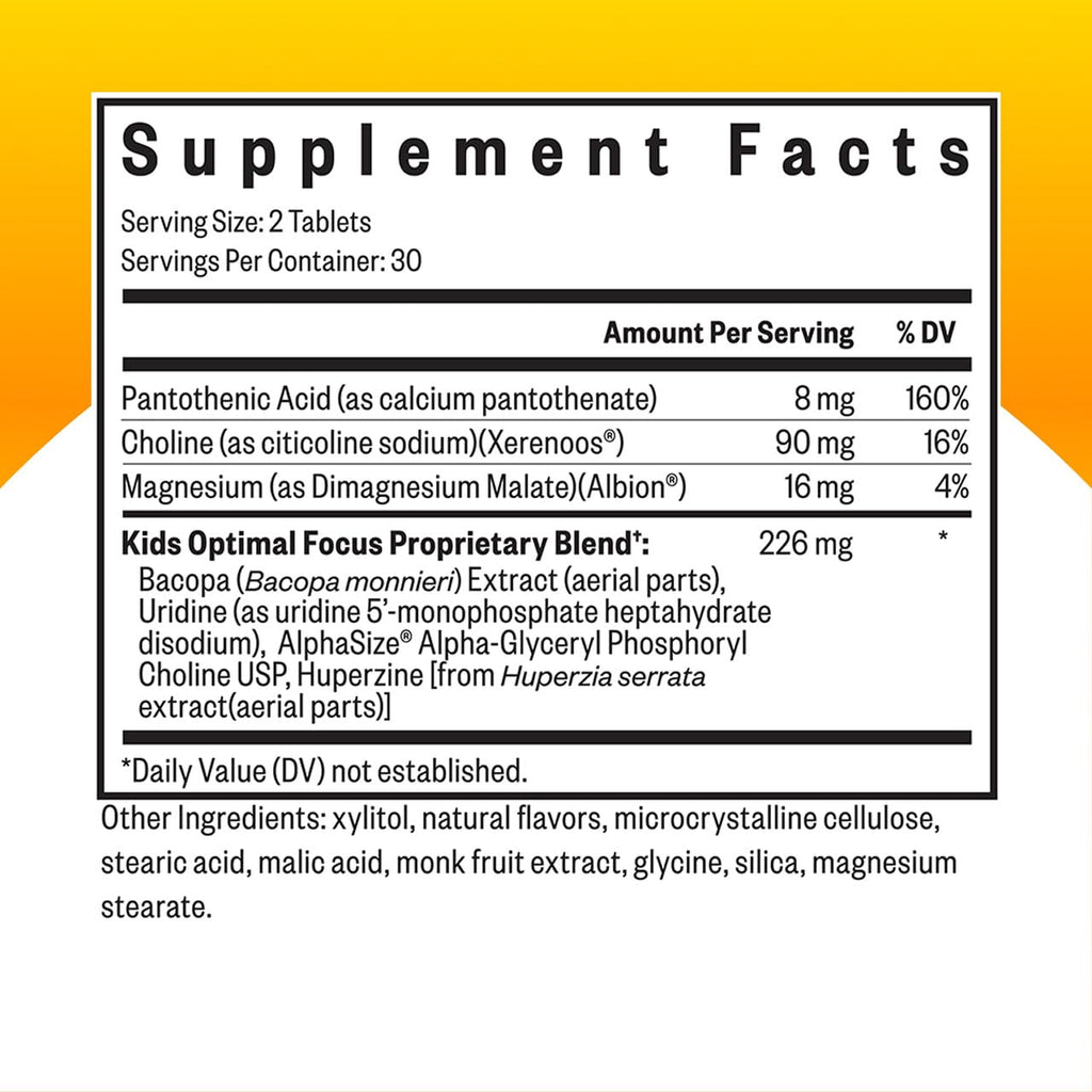Seeking Health Kids Optimal Focus – Calming Supplement for Children | Focus, Sleep & Healthy Mindset | 60 Chewable Tablets (30 Servings)