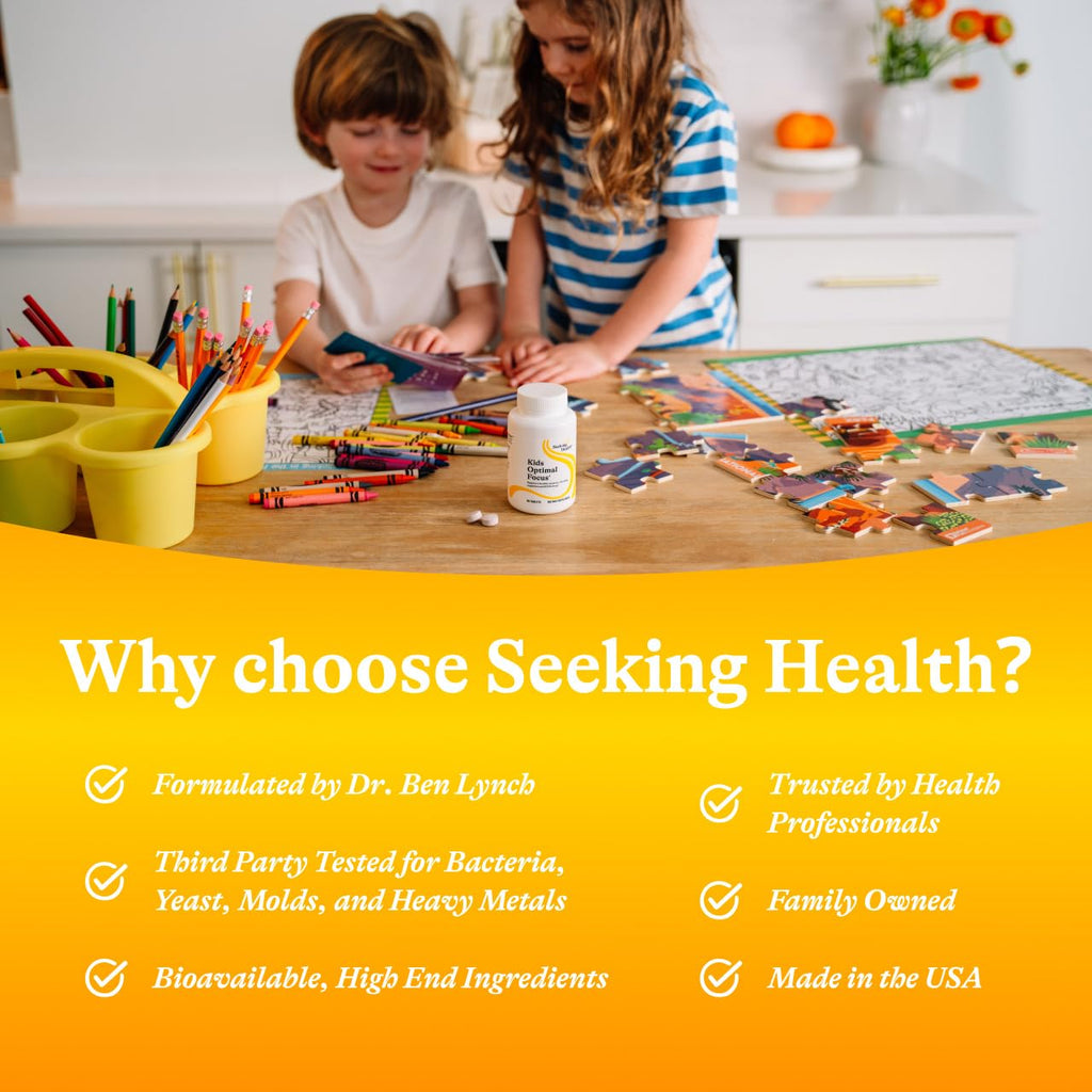 Seeking Health Kids Optimal Focus – Calming Supplement for Children | Focus, Sleep & Healthy Mindset | 60 Chewable Tablets (30 Servings)