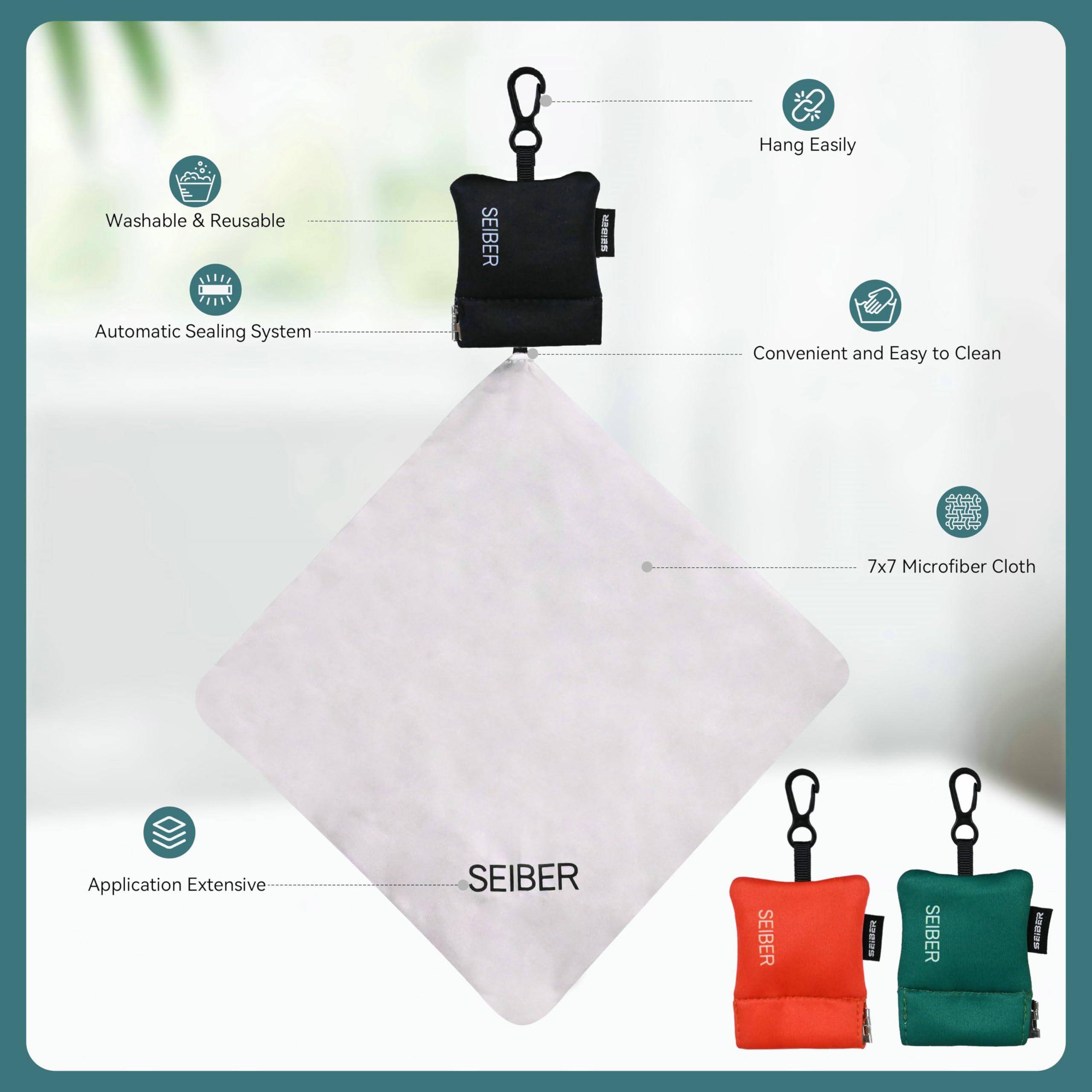 SEIBER Microfiber Eyeglass Cloth with Neoprene Pouch – 7x7 in, 3 Pack (BK/GRN)