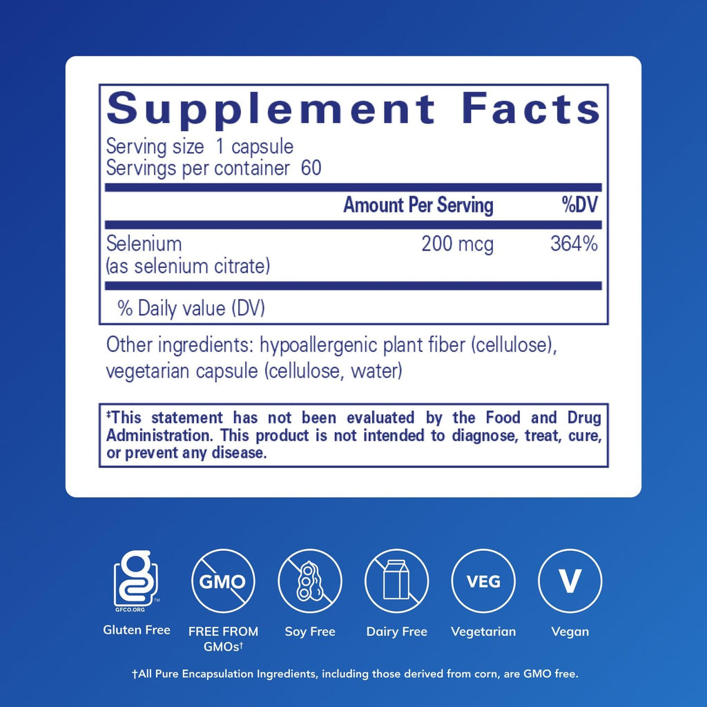 Pure Encapsulations Selenium (Citrate) - Immune Support, Antioxidant & Blood Flow - Gluten Free & Vegan - 60 Capsules