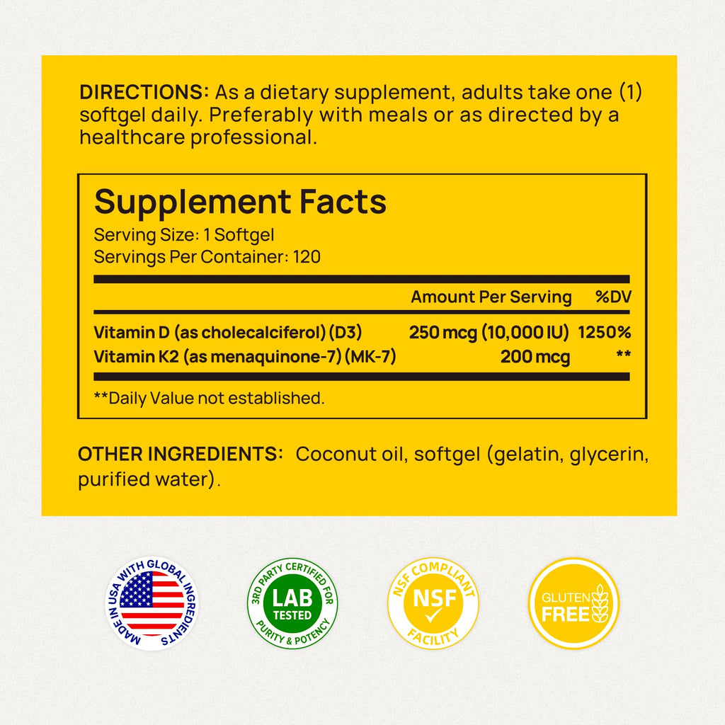 Selerb Vitamin D3 K2 with Virgin Coconut Oil – 10000 IU D3 + 200 mcg K2 MK-7, 120 Softgels