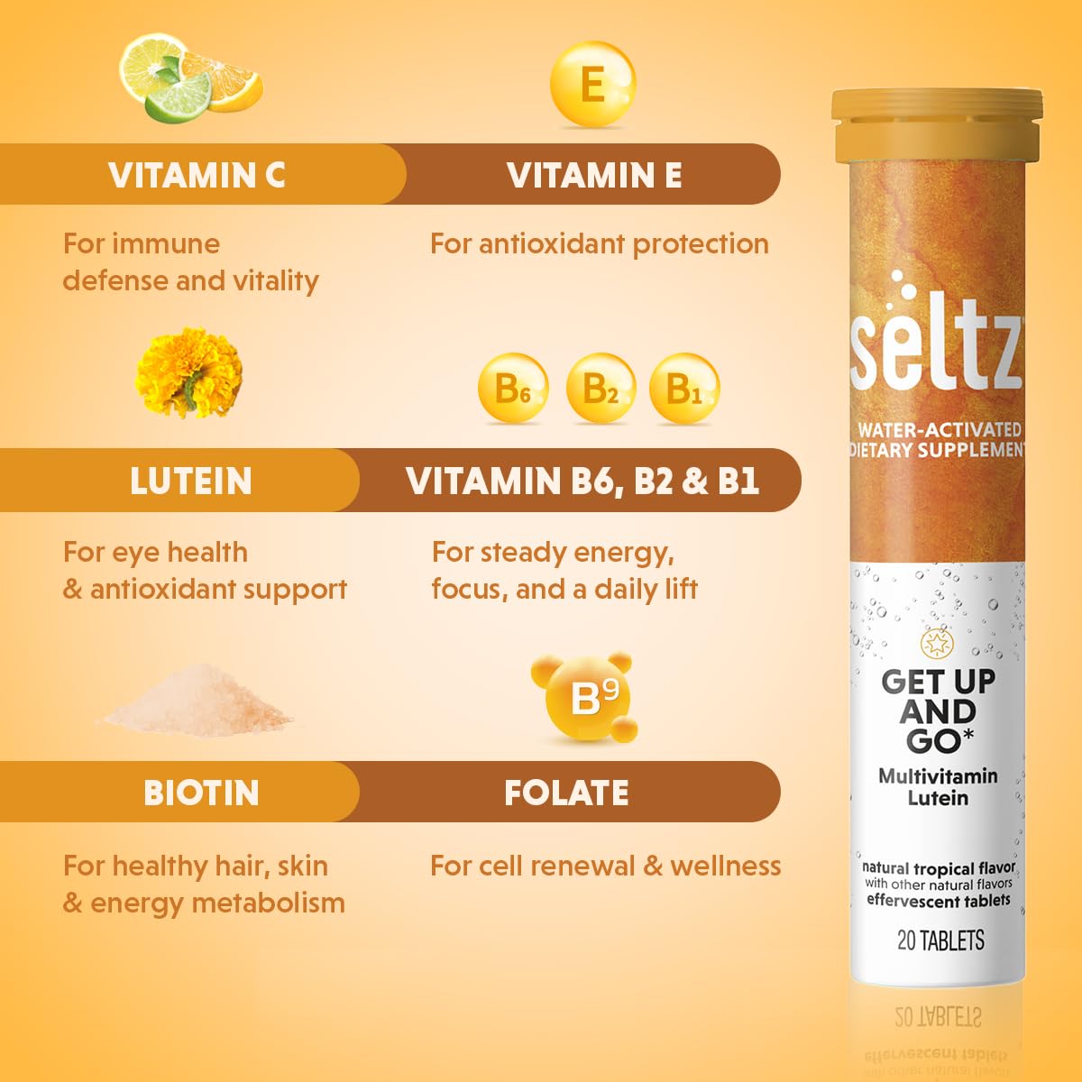 Seltz® Get Up and Go – Effervescent Multivitamin with Lutein for Daily Energy, Eye Health & Antioxidant Support – Tropical Flavor, 20 Tablets (Pack of 6)