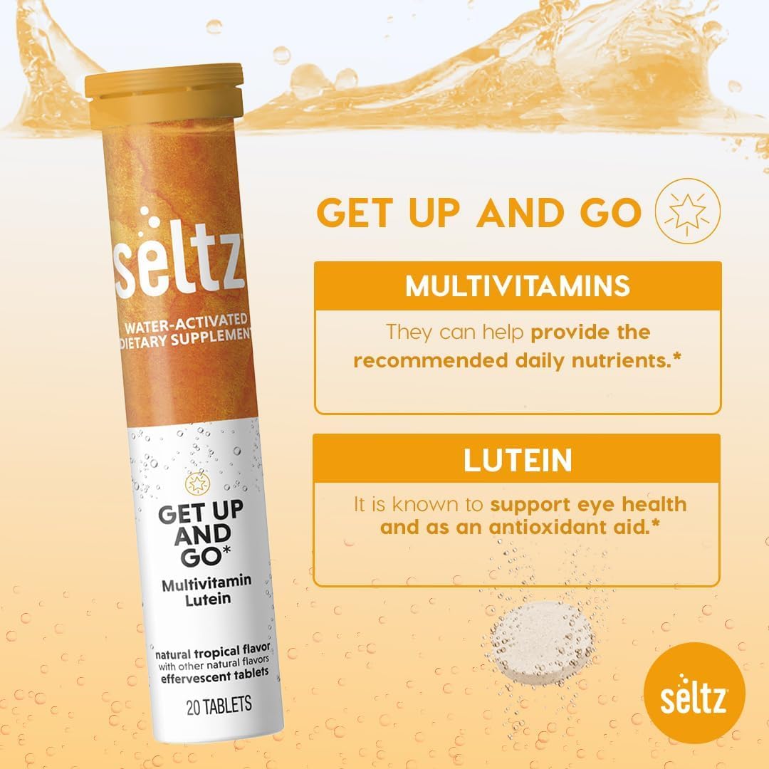 Seltz® Get Up and Go – Effervescent Multivitamin with Lutein for Daily Energy, Eye Health & Antioxidant Support – Tropical Flavor, 20 Tablets (Pack of 6)