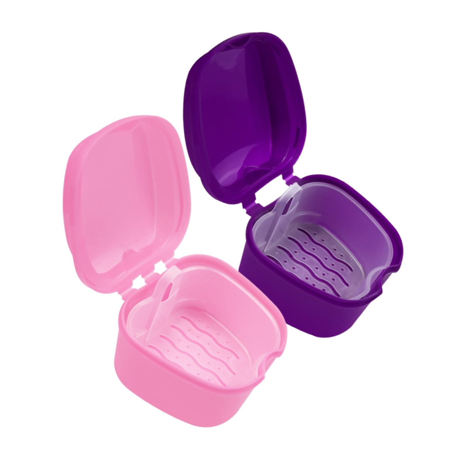SENLIN DENTAL 2pc Denture Bath Retainer Case – Portable Strainer Basket Cups (Purple & Pink)