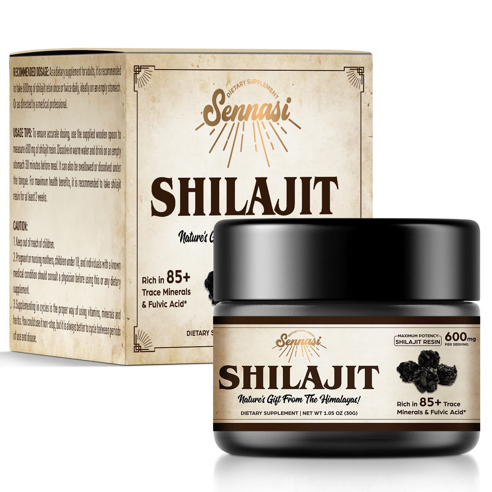 Sennasi Shilajit Resin – Pure Himalayan Organic Shilajit 600mg (30g, 2 Pack)