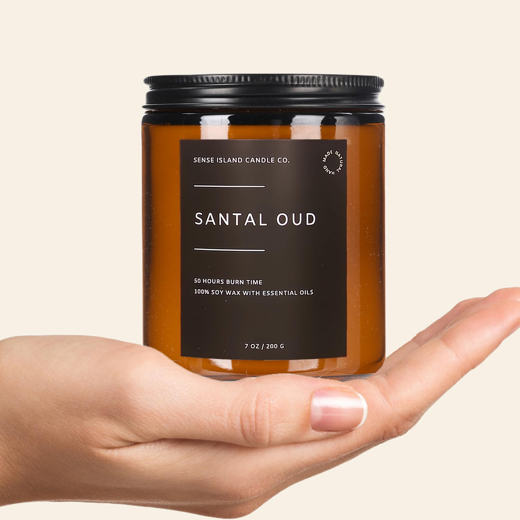 SENSE ISLAND Santal Oud Scented Candle | 7oz 100% Natural Soy Wax, Ambery Woody for Men & Women