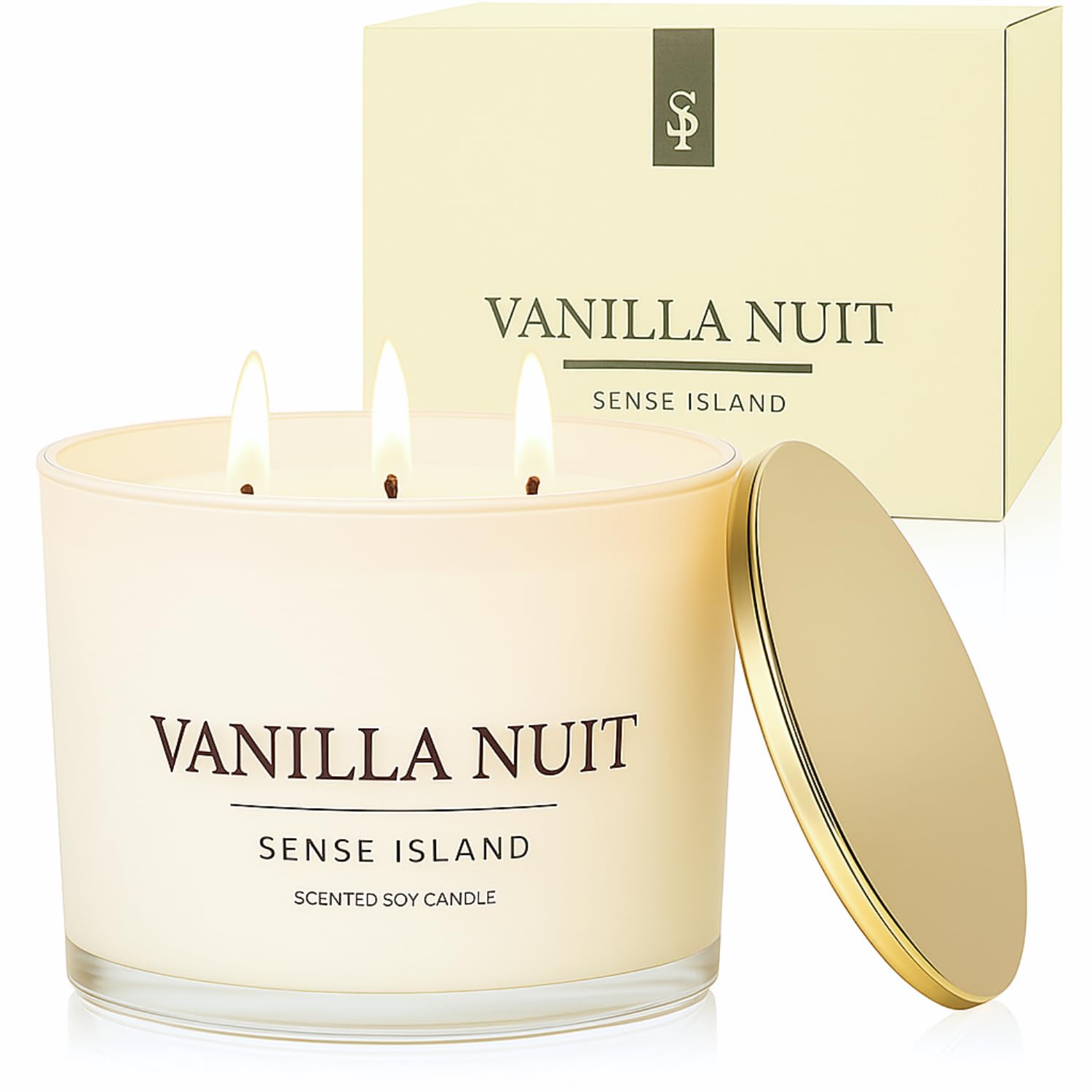 Vanilla Nuit 3-Wick Soy Candle by SENSE ISLAND | Cream Vanilla, Gold Lid, Luxury Gift