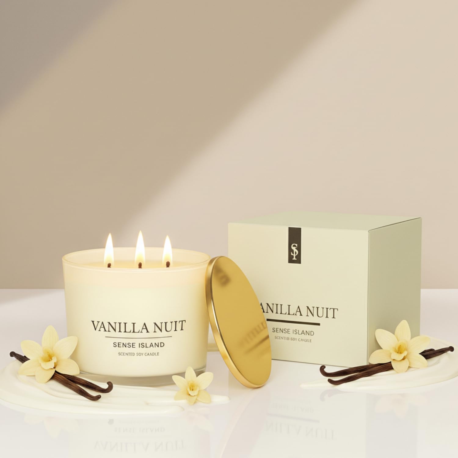 Vanilla Nuit 3-Wick Soy Candle by SENSE ISLAND | Cream Vanilla, Gold Lid, Luxury Gift