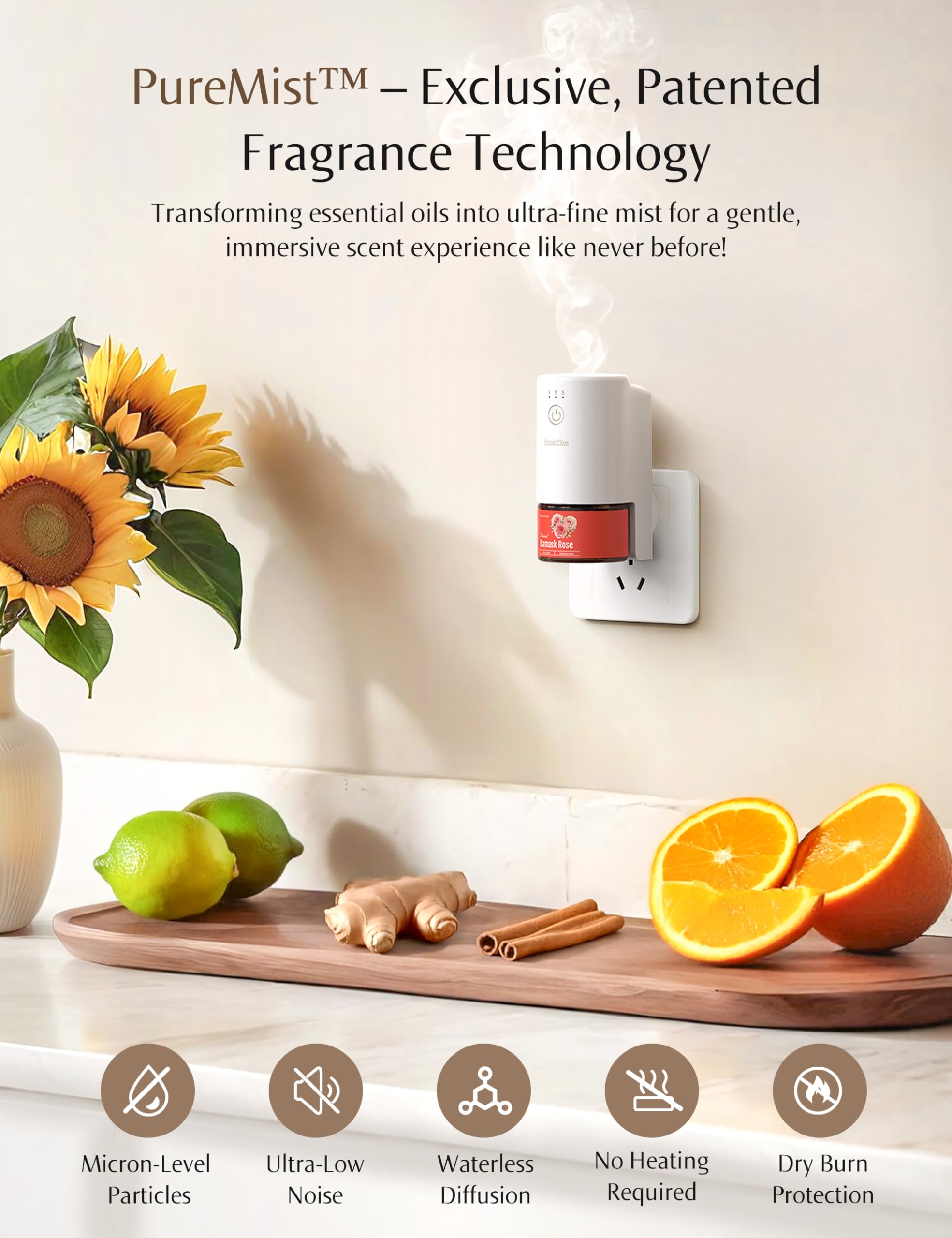 SenseFlow SF101 Waterless Ultrasonic Diffuser – Plant-Based, Covers 100㎡