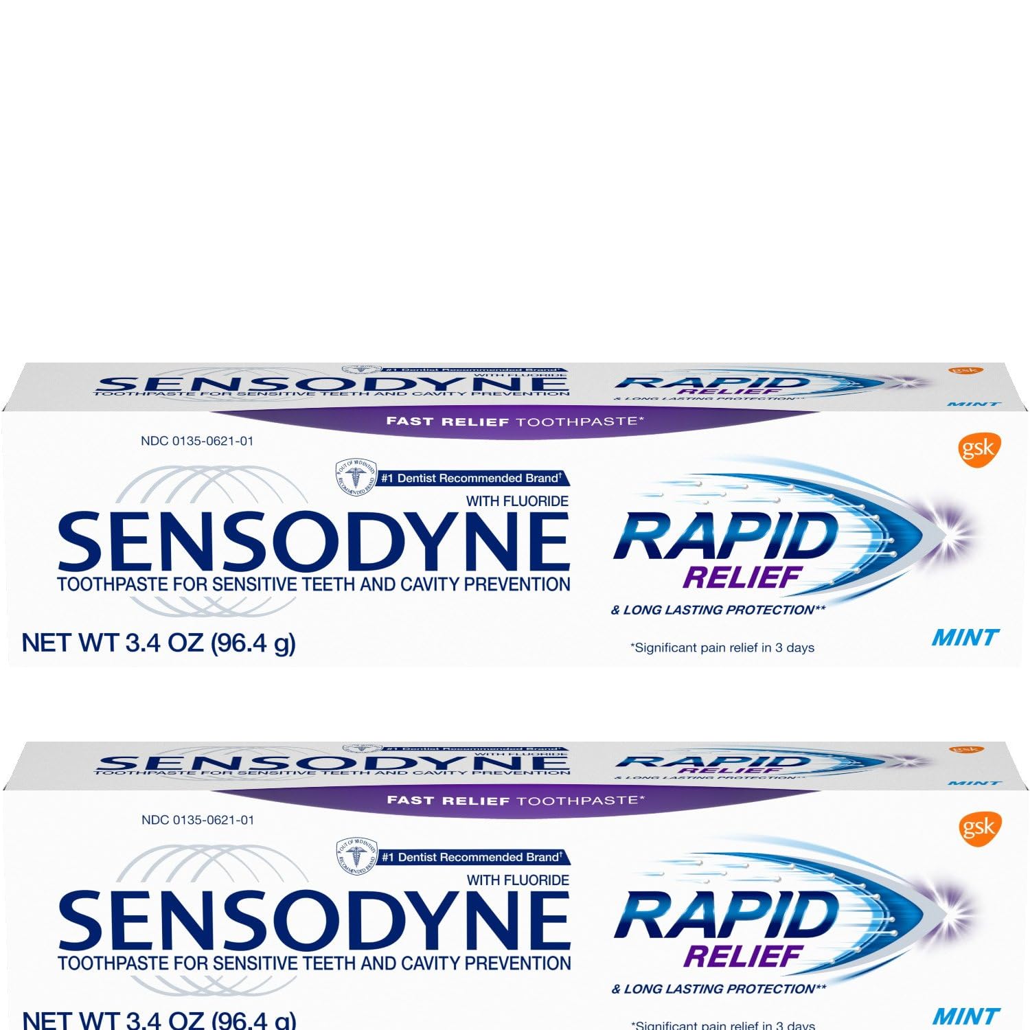 Sensodyne Rapid Relief Toothpaste Mint – 3.4 oz, Pack of 2 (96.4 g)