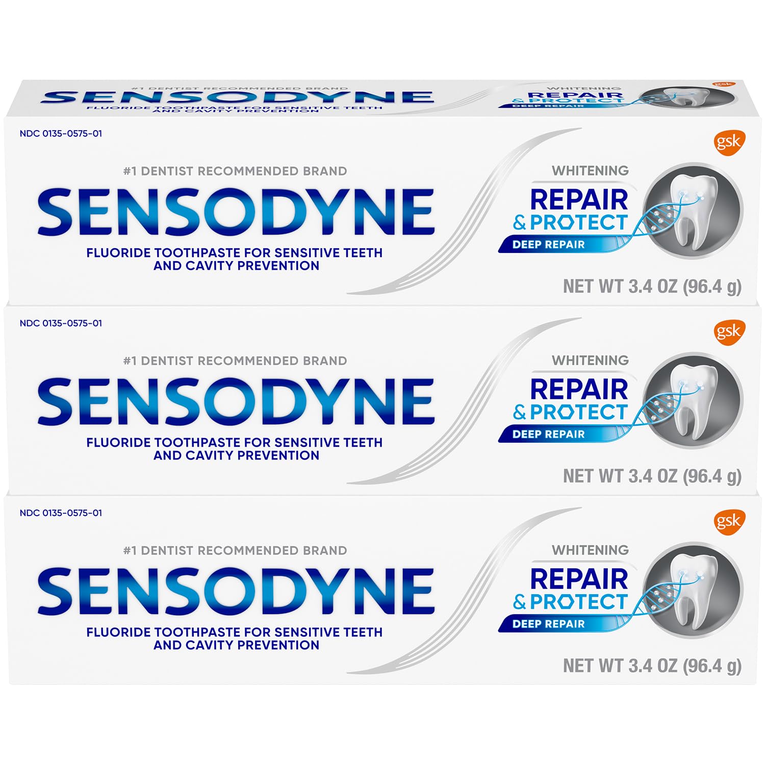 Sensodyne Repair and Protect Whitening Toothpaste – 3 x 3.4 oz for Sensitive Teeth & Cavity Prevention