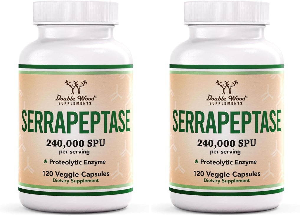 Serrapeptase 240,000 SPU Max Potency – Pack of 2 by Double Wood Supplements (120 Veggie Capsules per Bottle)
