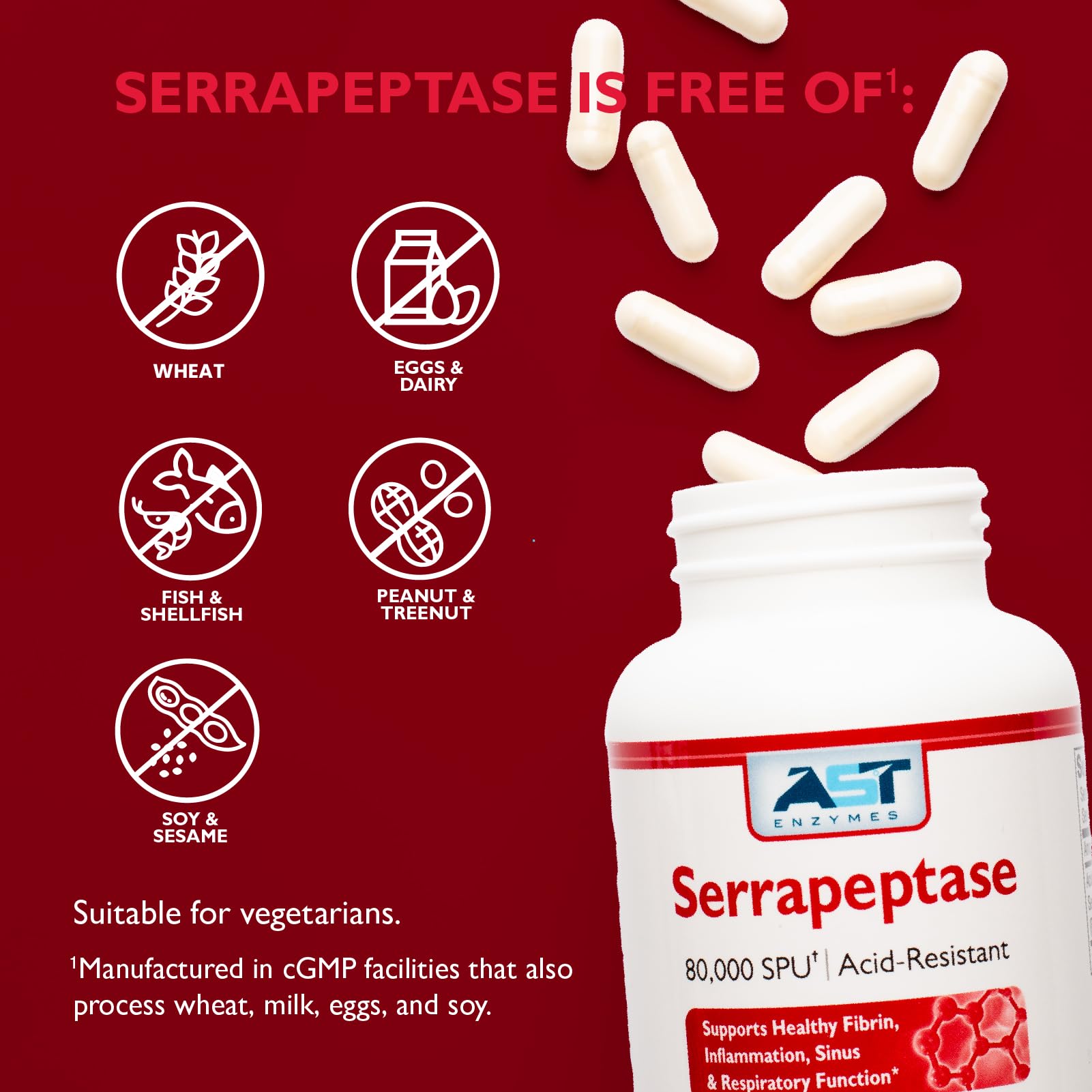 AST Enzymes Serrapeptase 80,000 SPU – 300 Vegetarian Capsules | Acid-Resistant Systemic Enzymes