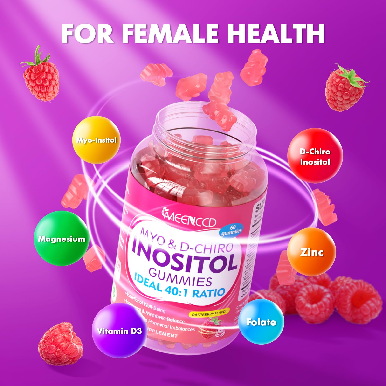 2-Pack Myo-Inositol and D-Chiro Inositol Gummies – 40:1 Ratio, Raspberry Flavor, 120 Count