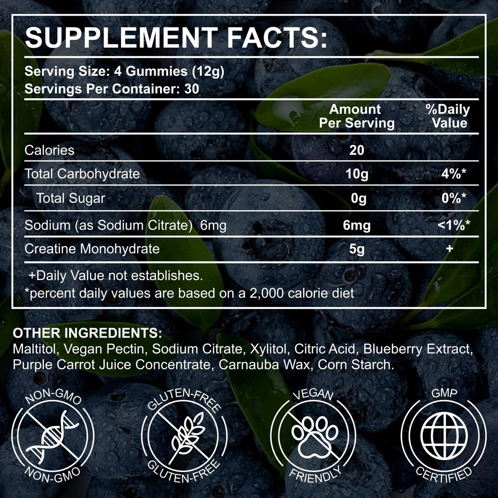 Creatine Monohydrate Gummies 5000mg | 120 Sugar-Free Vegan Chews – Blueberry