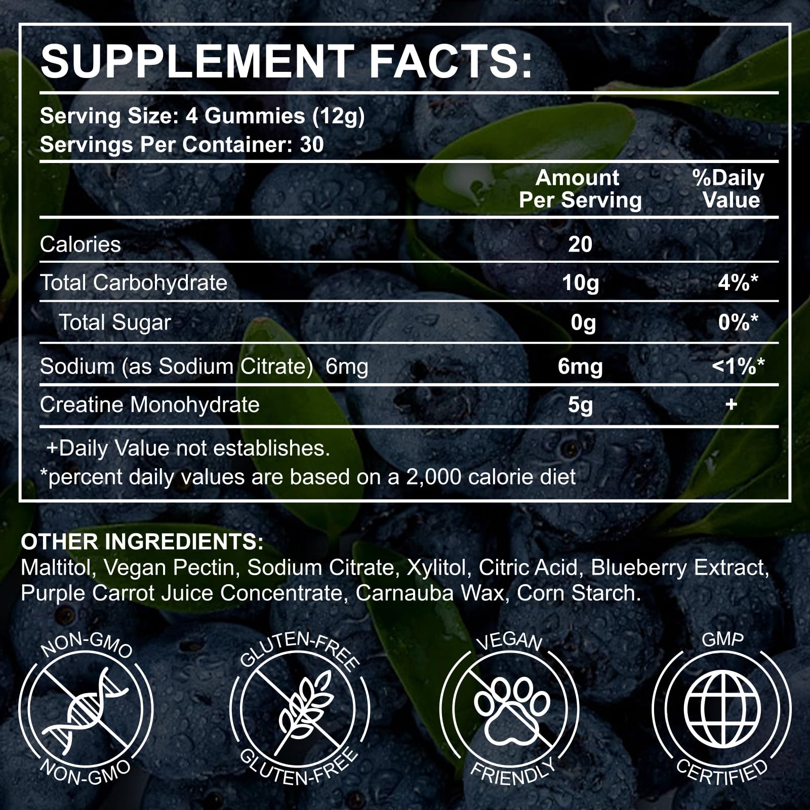 Creatine Monohydrate Gummies 5000mg | 120 Sugar-Free Vegan Chews – Blueberry