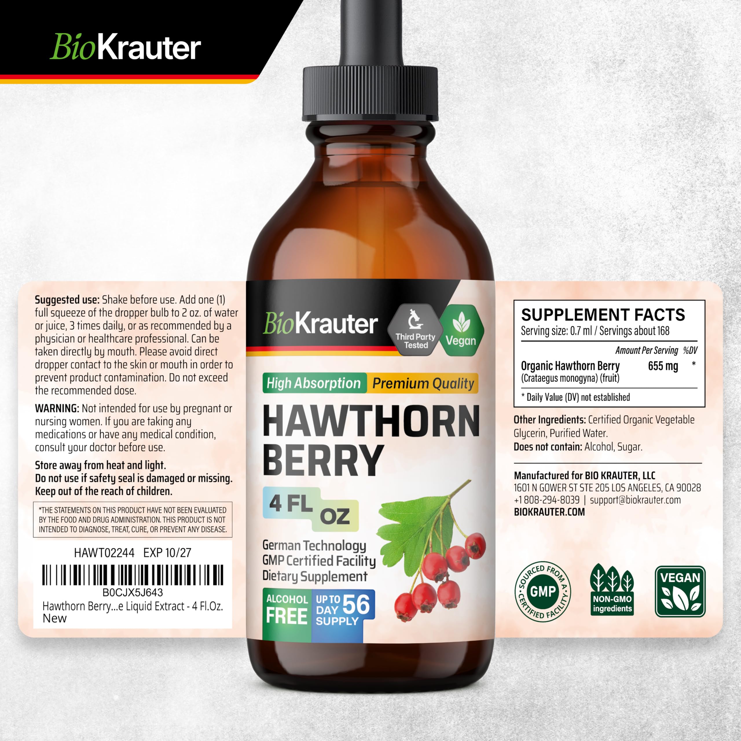 BIO KRAUTER Hawthorn Berry Liquid Drops - Vegan, Alcohol-Free, 655 mg per Serving